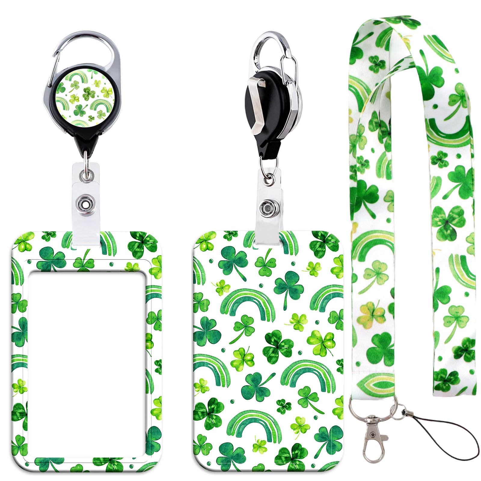 Shamrock Clover Lanyard with Badge Holder - Retractable Reel Clip for ID Badges, Credit Cards, Keys & Access Cards, Silky Lanyard & Name Tag Holder for St. Patrick's Day, Women, Kids, School