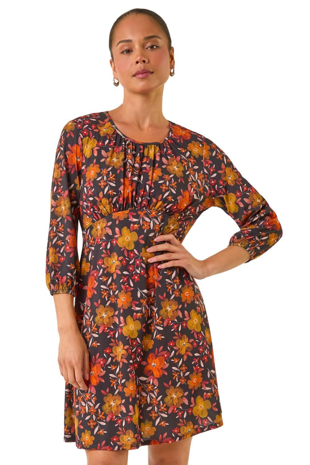 Roman Petite Women's Orange Floral Gathered Short Dress Size 16
