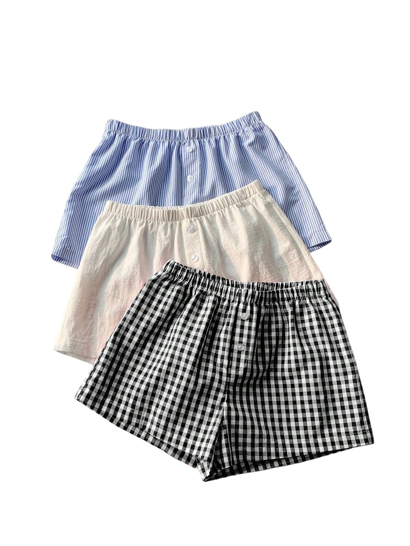 MakeMeChic Women's 3 Pack Linen Shorts Gingham Striped Beach Shorts