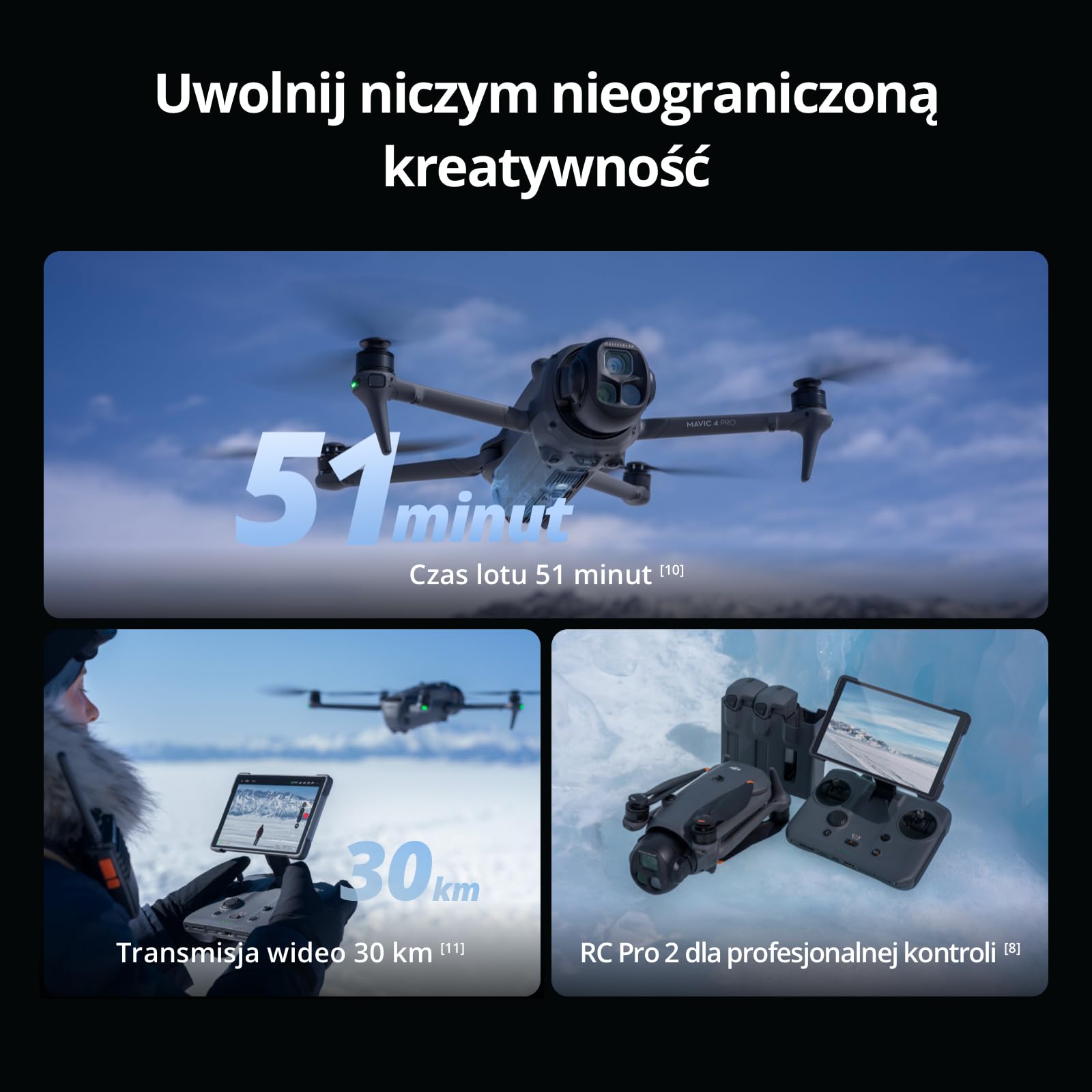 DJI Mavic 4 Pro 512 GB Creator Combo z DJI RC Pro 2, flagowy dron trójkamerowy z kamerą Hasselblad CMOS 100 MP 4/3, maksymalny czas lotu 51 minut, trzema bateriami, koncentratorem ładowania i nie | Flagowa kamera Hasselblad 100MP 4/3 CMOS, maksymalny czas
