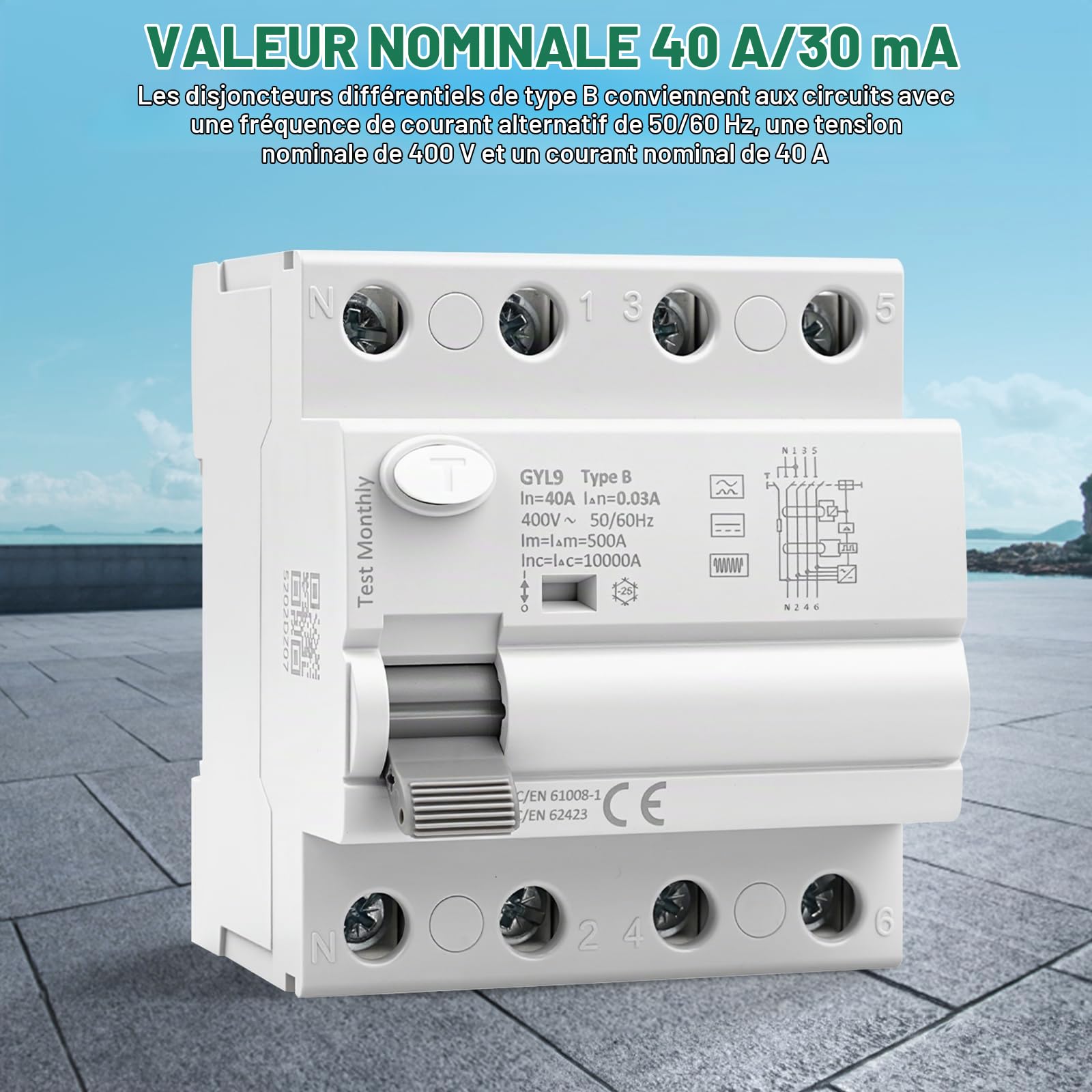 Disjoncteur différentiel 30mA Type B interrupteur différentiel 40A 30mA 3P+N 10kA RCCB disjoncteurs de courant résiduel AC400V convient aux stations de recharge et aux équipements industriels GYL9