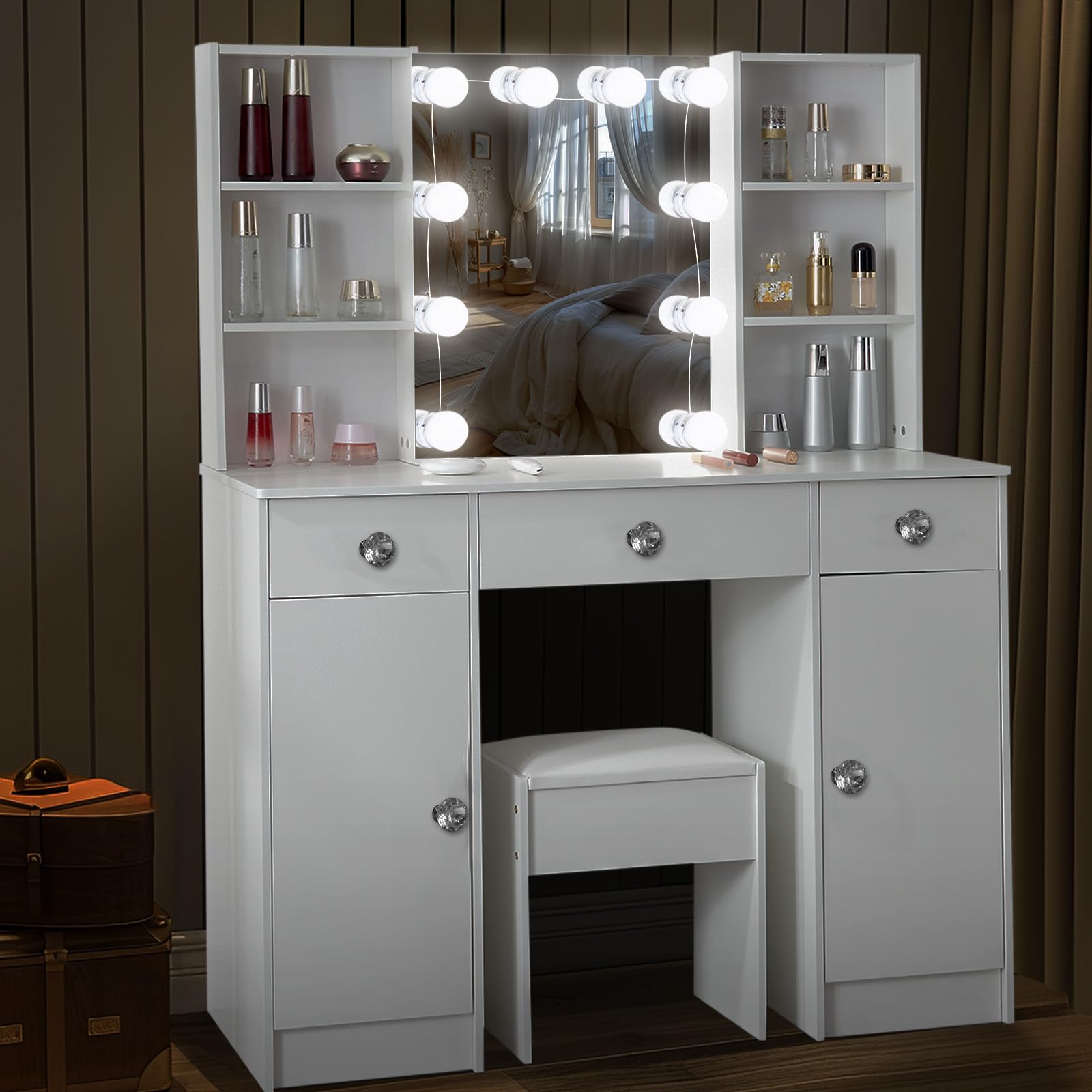 Coiffeuse Avec Miroir Et Lumières LED 3 Couleurs, Table De Maquillage 10 Tiroirs En Tissu 1185 X 395 X 140 Cm Naturel 95465742