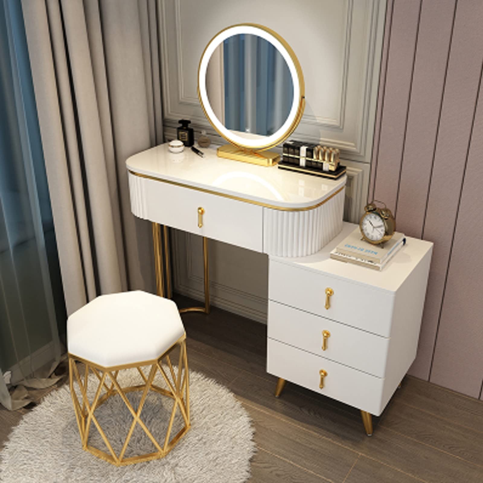 asdchZen Vanity Makeup Desk Set With Adjustable Mirror Cushioned Stool 5 Drawers Cosmetic Storage Nizer Gray+Gold 31.5 Inch,White+gold-80cm/31.5 inch