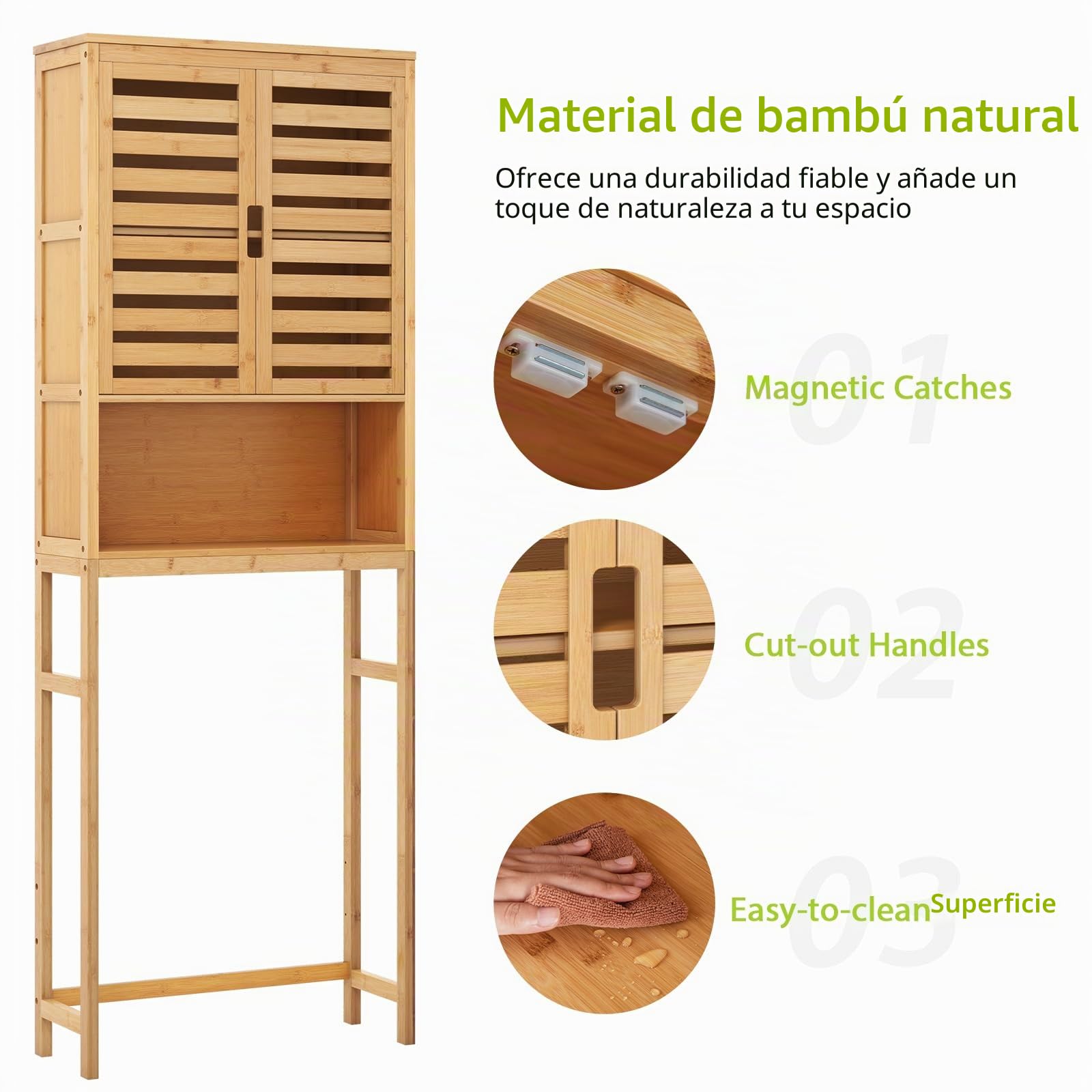 LIFEZEAL Estantería de Baño de Bambú, Armario Alto con 2 Puertas y Estante Abierto para Lavadora y Secadora
