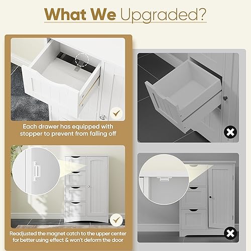 Miniatura 5 de ZENY Armario de almacenamiento de piso de baño, organizador lateral con 4 cajones y 1 armario, estante ajustable independiente unidad de entrada