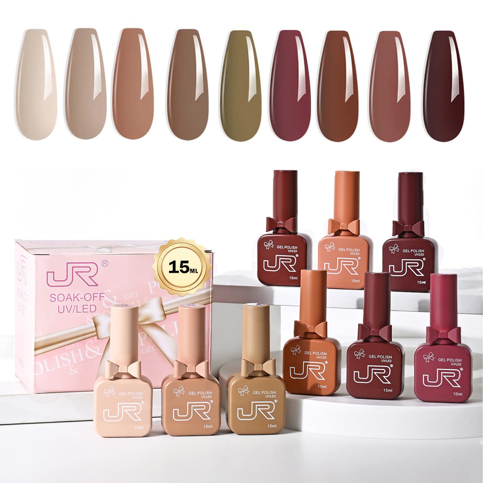 JR 9pcs 15ml Gel Nail Polish Set Brown Earth Red Pink Gel Polish Kit UV Soak Off Polish Nail Art Manicure Salon Home DIY Gift C