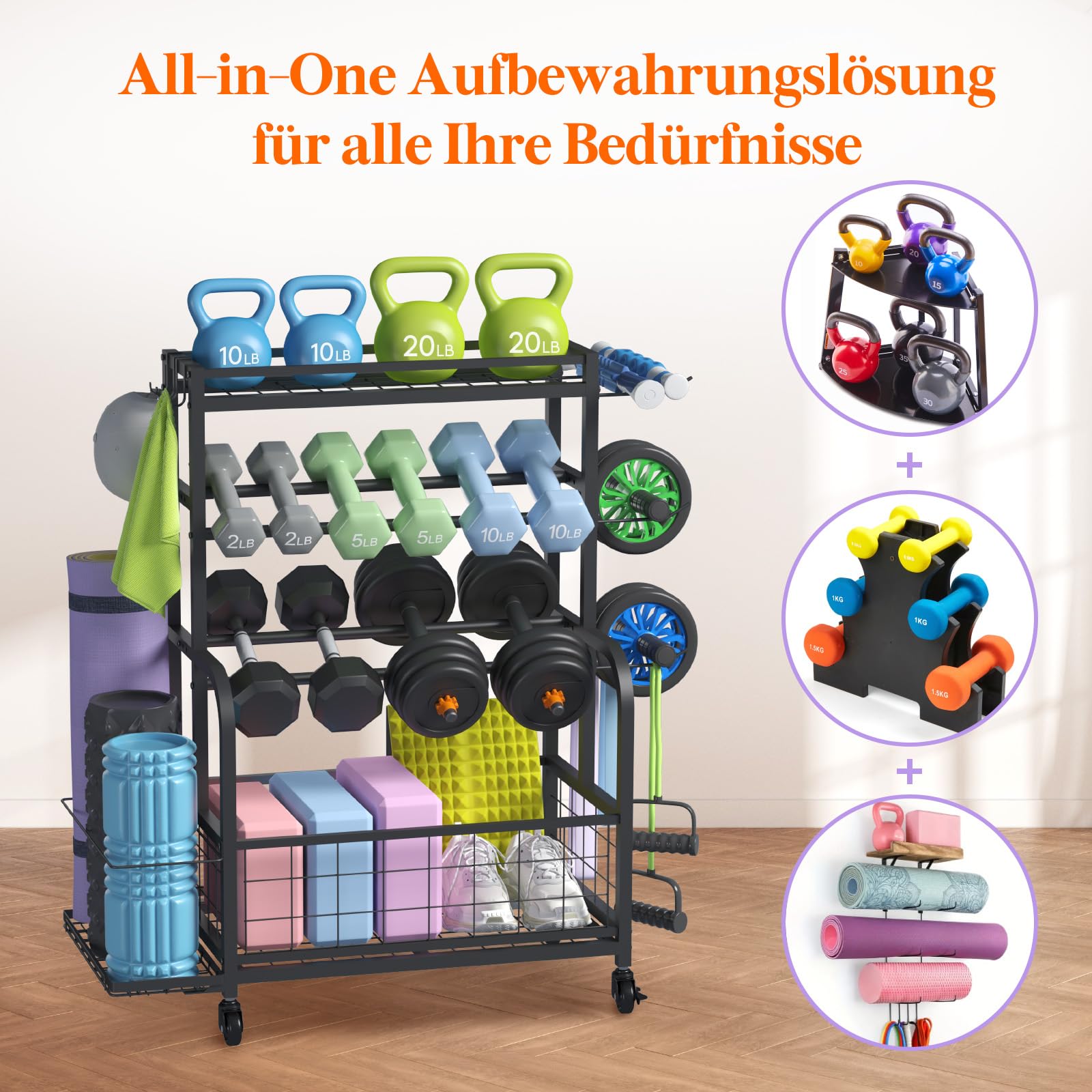 Lifewit Hantelständer für Home Gym, Hantelablage mit Abschließbare Universal-Räder und Haken, Kettlebell Rack, Yoga-Mattenhalter, Hantelregal für Krafttraining, Gewichtsregal für Haus, Garage, Mittel