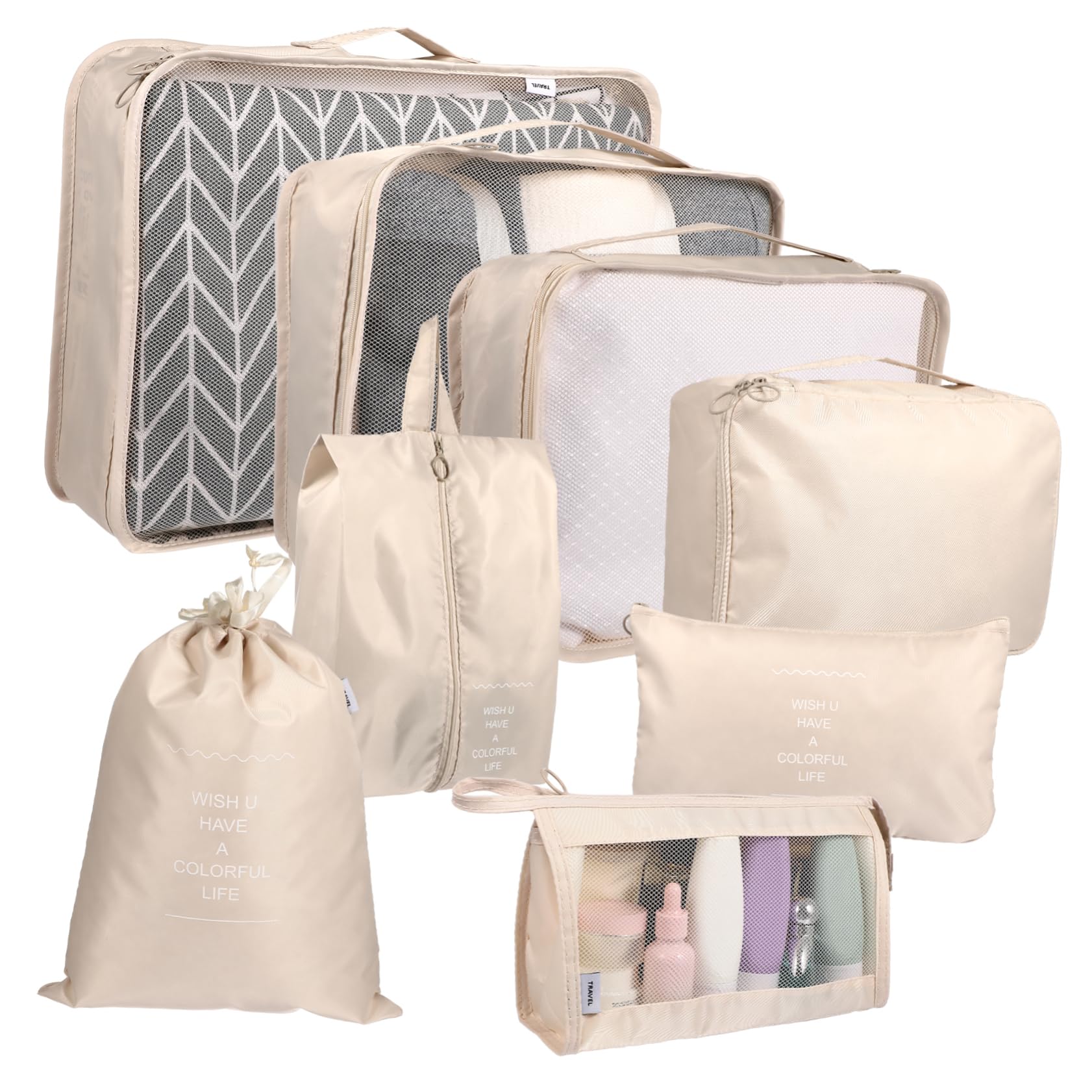 ANDRESLAD Practical Suitcase Packing Bags Kit 8pcs Travel Set Luggage Storage Pouches Organizer Pouches Beige