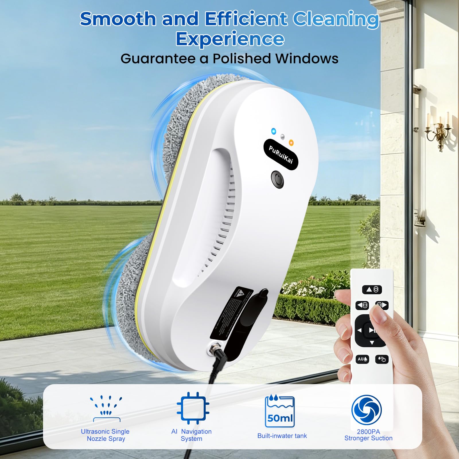PRK-309 Robot de limpieza de ventanas, limpiador automático de cristales con spray de agua, succión fuerte de 5600 Pa, planificación inteligente de trayectoria 3.0, limpieza de doble cara