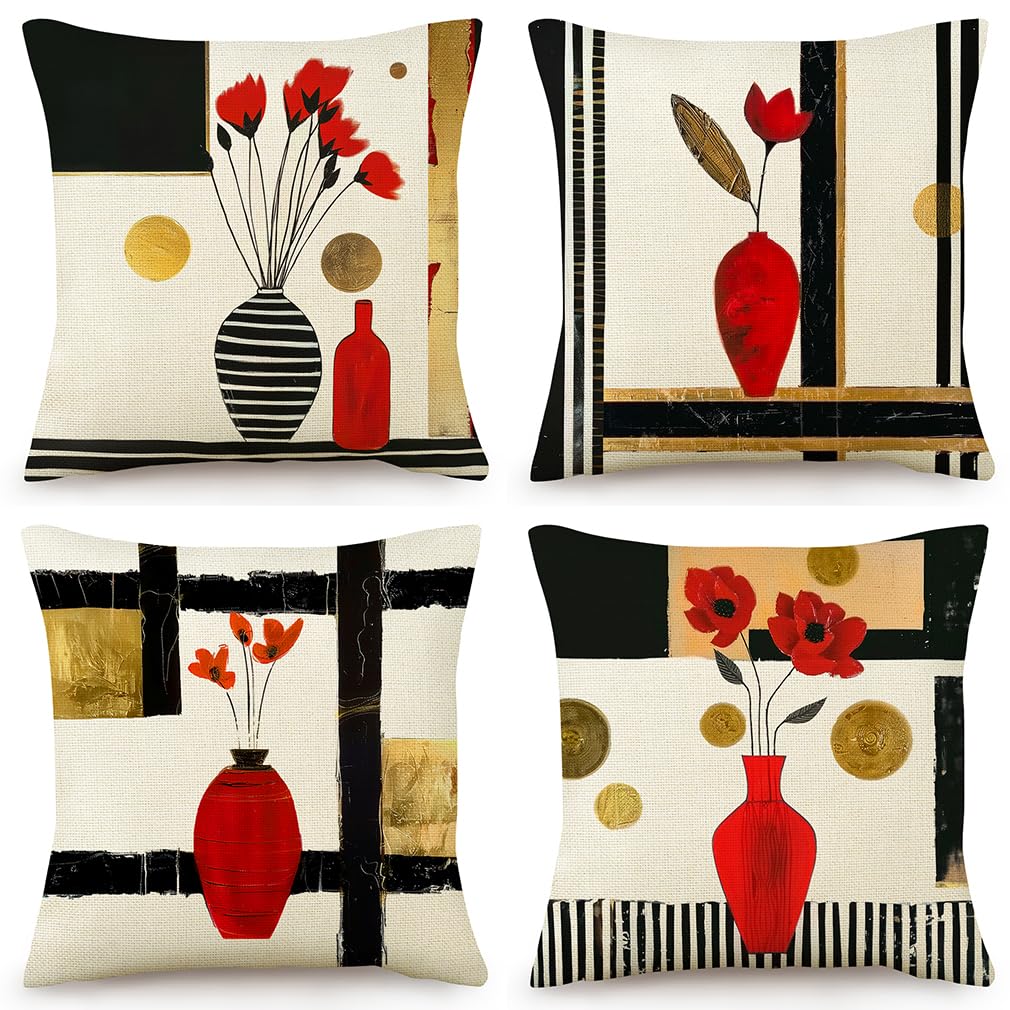 Coussin exterieur durable 60x60 en lin motif vase minimaliste pour terrasse ou divan