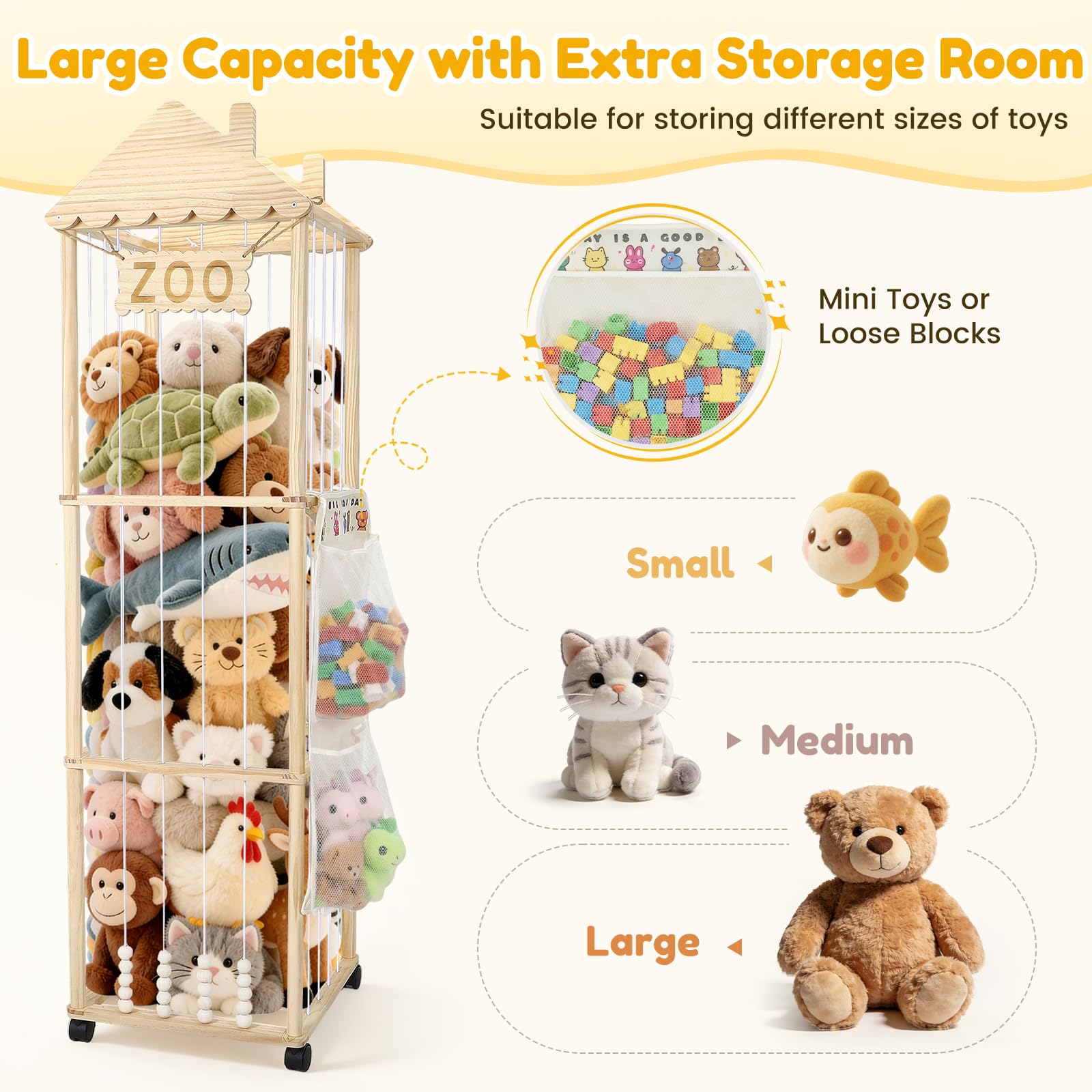 Contenitore per Peluche, 147x46x46CM Organizer per Peluchecon Ruote Girevoli a 360°, Porta Peluche per Cameretta dei Bambini, Soggiorno, Camera da Letto, Mobili per la Cameretta dei Bambini (Strisce)