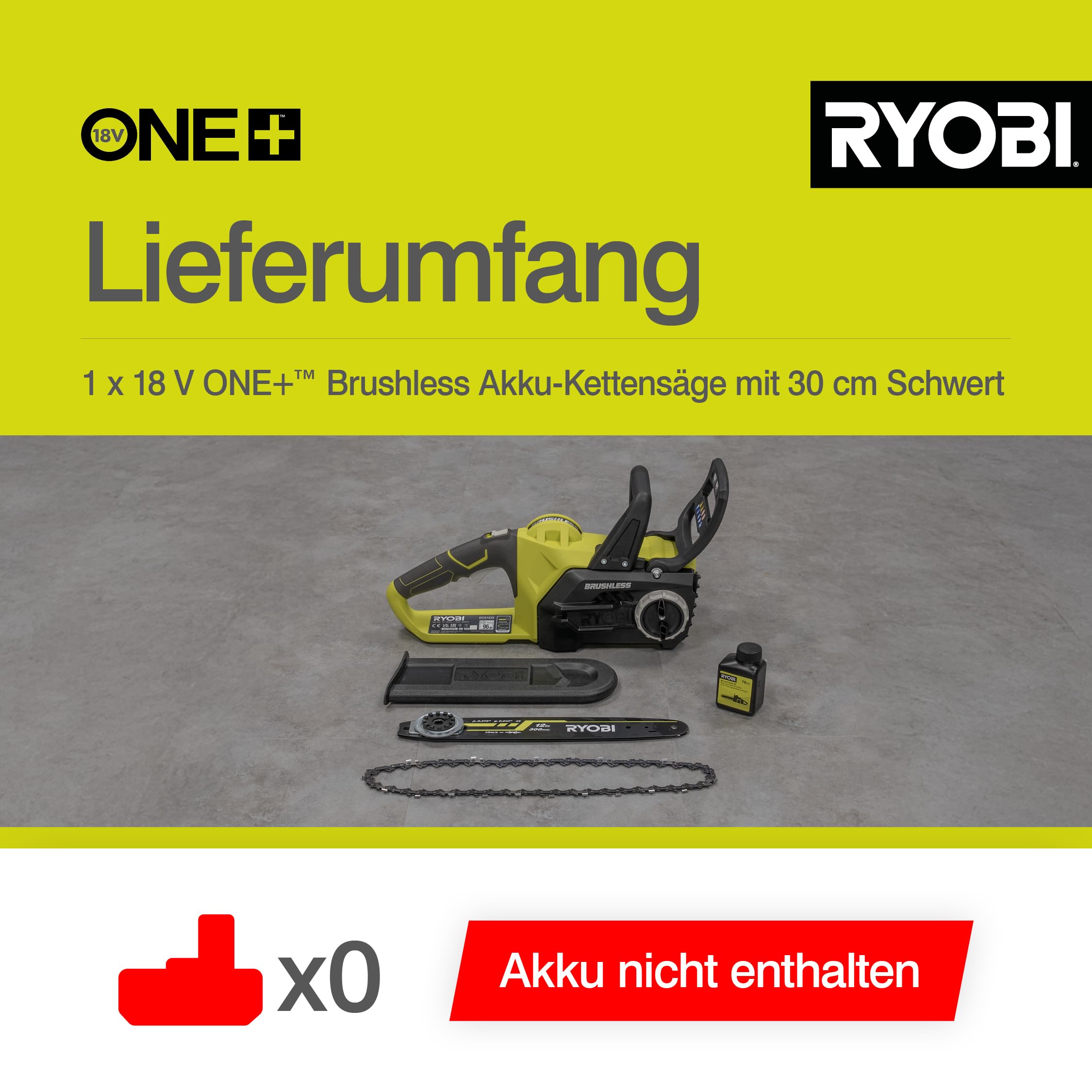 RYOBI 18 V ONE+ Brushless Akku-Kettensäge OCS1830, Schwertlänge 30 cm, bürstenloser Motor, werkzeugloses Kettenspannen, ohne Akku und Ladegerät
