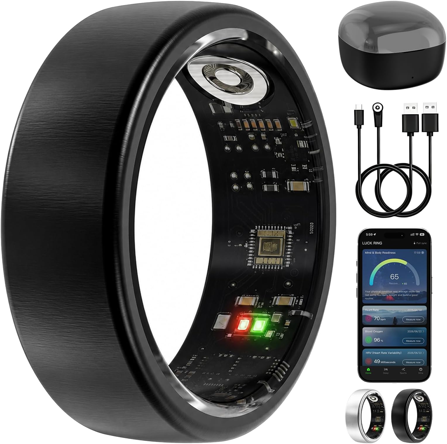 Smart Ring for Women Men, Sleep Tracker, 12 Sports Modes, Size 7 Black