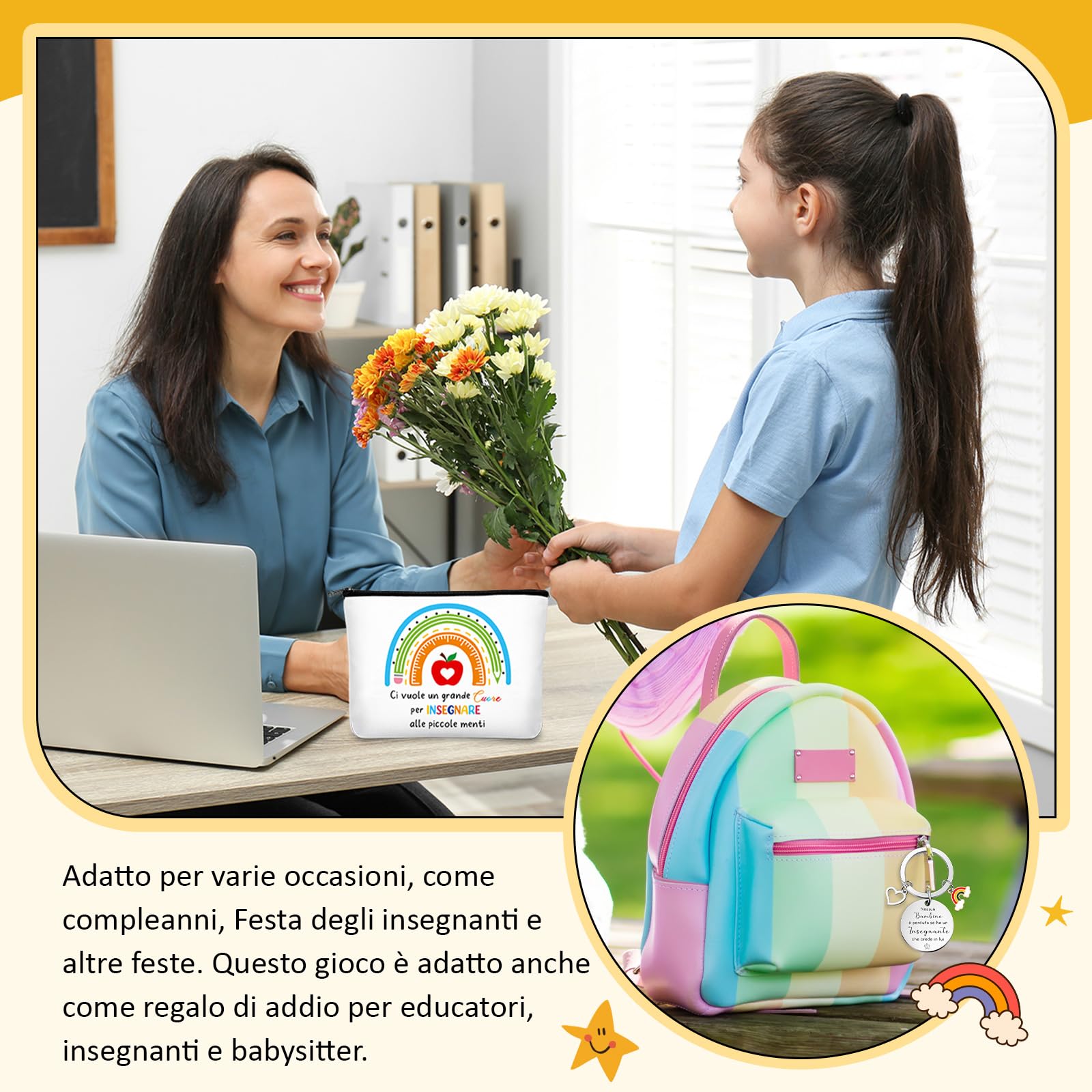 Geiserailie 3 Set Regali Maestre Fine Anno Include 3 Portachiavi Insegnanti con Frasi 3 Borse Cosmetica 3 Segnalibri Maestra Idee Regalini per Insegnante Asilo Professoressa Compleanno Laurea