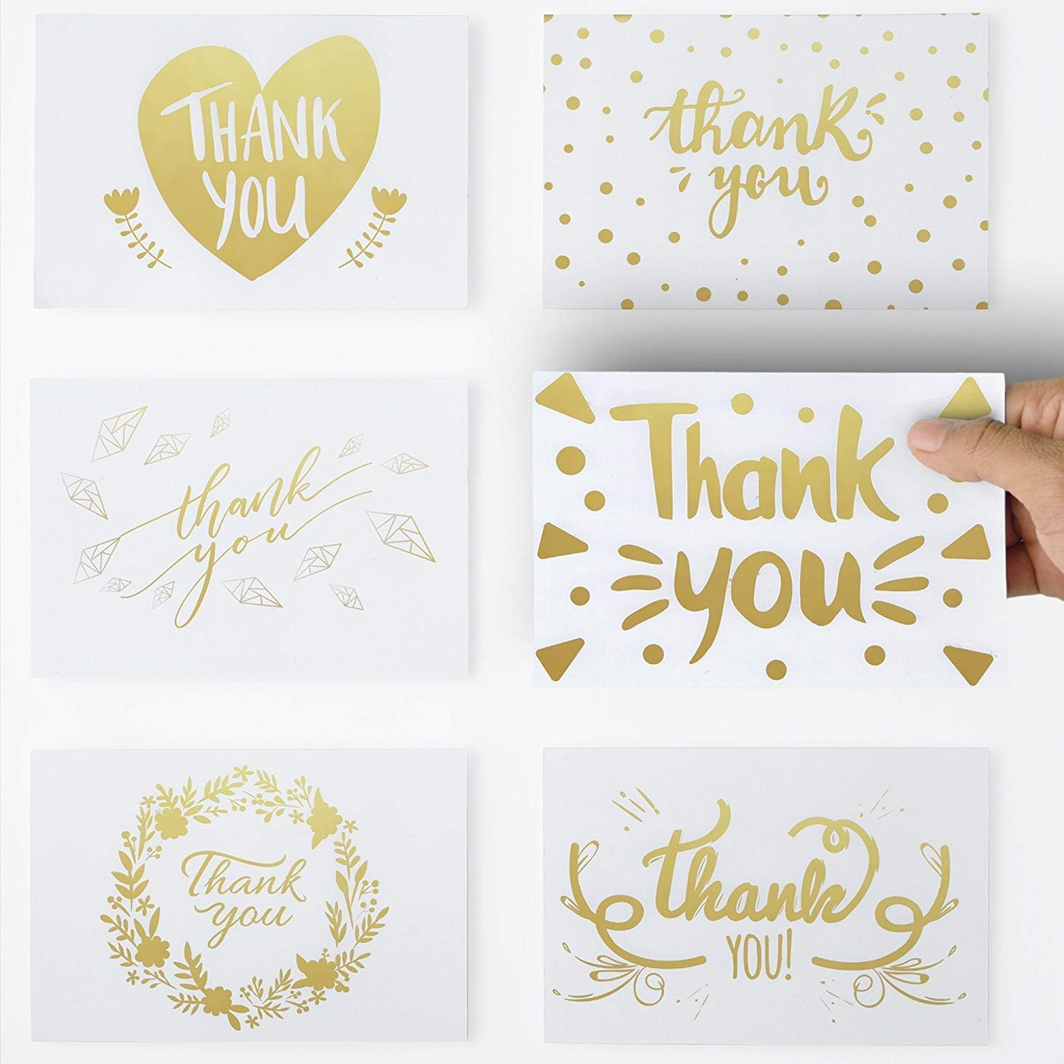 36 Unique Thank You Cards with Gold Color Text, 6 Elegant Greetings Design Thank You Note Cards 4 X 6 with self Glued Envelopes for Birthdays,Weddings,Baby Showers,Graduations,Corporate Events.