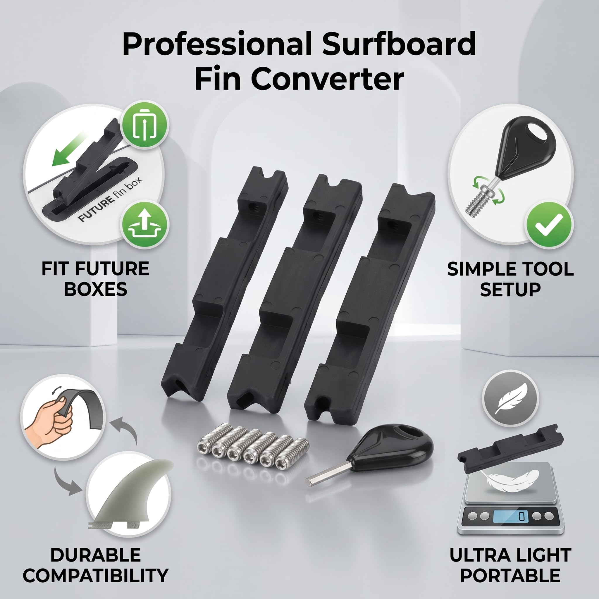 Bnineteenteam Adaptateur de Convertisseur de Boîte D'aileron Future, 3 Pièces Kit de Conversion de Prise D'aileron de Planche de Surf en Plastique Professionnel Léger et Portable avec Vis à