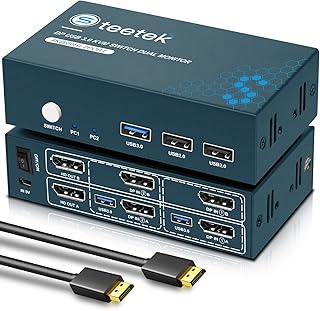 Steetek USB 3.0 Displayport KVM Switch Dual Monitor, 4K@60Hz 2 Monitors 2 Computers DP KVM Switch, 2 in 2 Out Displayport kvm with USB 3.0 Port, Button Switch, with 4 DP and 2 USB 3.0 Cables