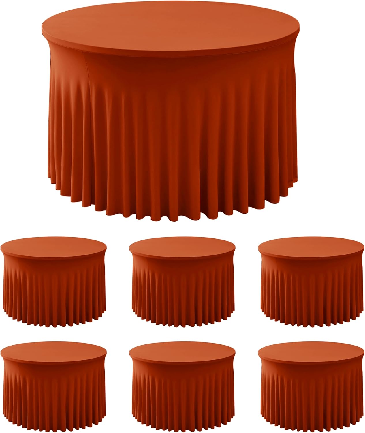 HolidayIdeas 6 Pack Spandex Table Skirts for 60 Inch Round Table, Fitted Stretch Ruffle Cover for Wedding Receptions, Holiday Parties, Rust Rust 60R Inch| 6 Pack