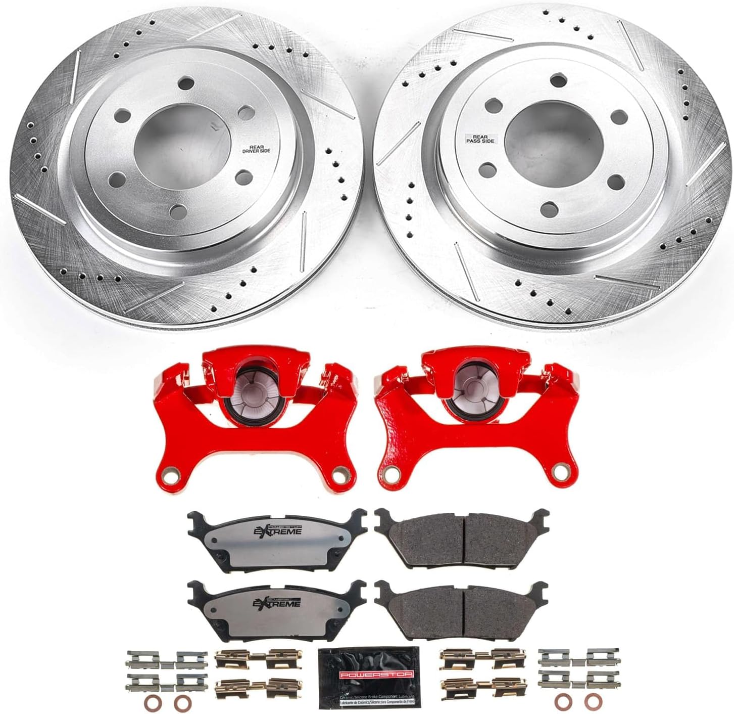 PowerStop Rear Brake & Caliper Kit For Ford F-150 2018-20 - Drilled and Slotted Truck & Tow Disc Rotors with Ceramic Brake Pads Upgrade, KC8030-36