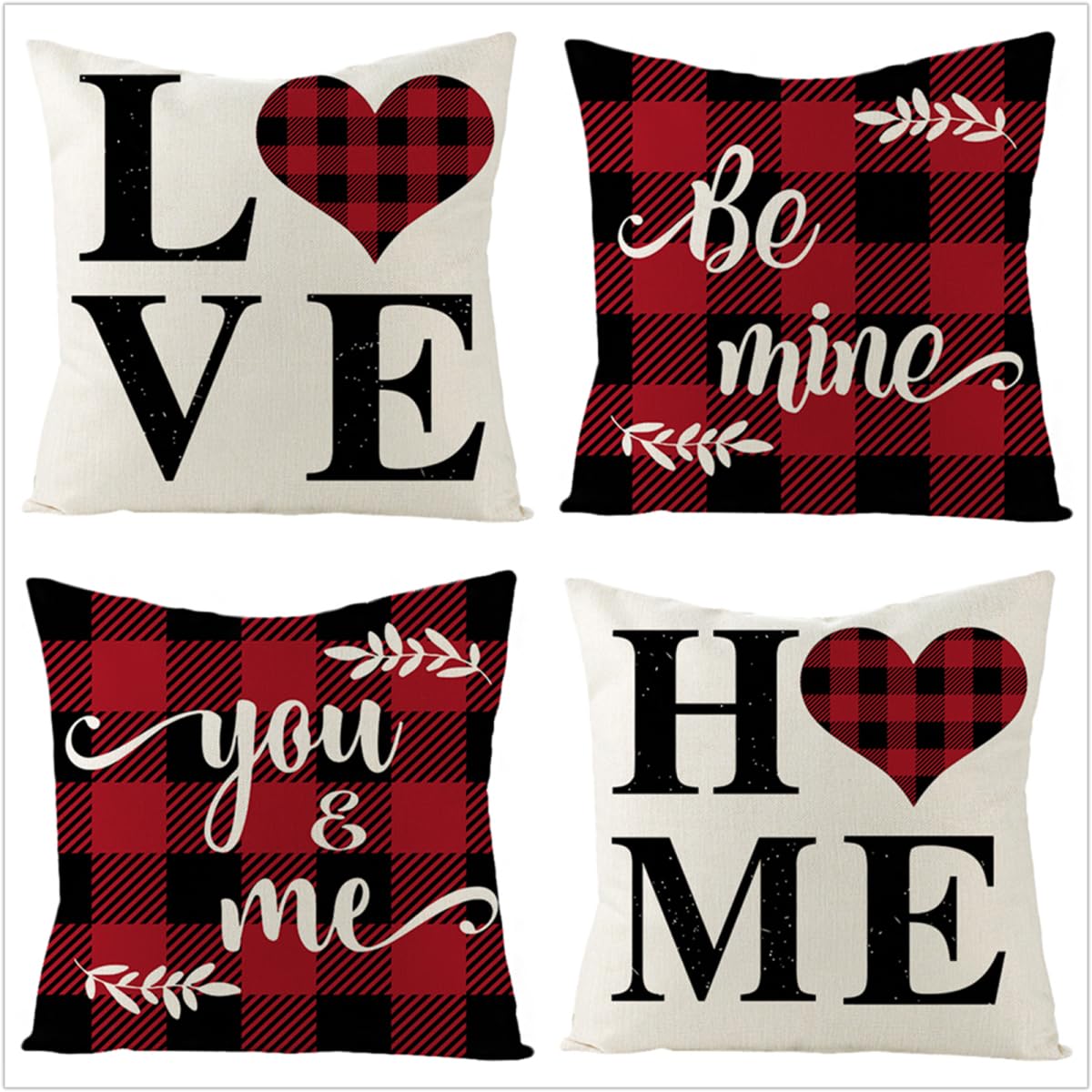 Fundas Cojines 65x65cm,Funda Cojin Modernas Juego de 4 Funda de Almohada Elegantes Decorativa para Sofá Coche Cama Sillas Tela Escocesa roja Negra