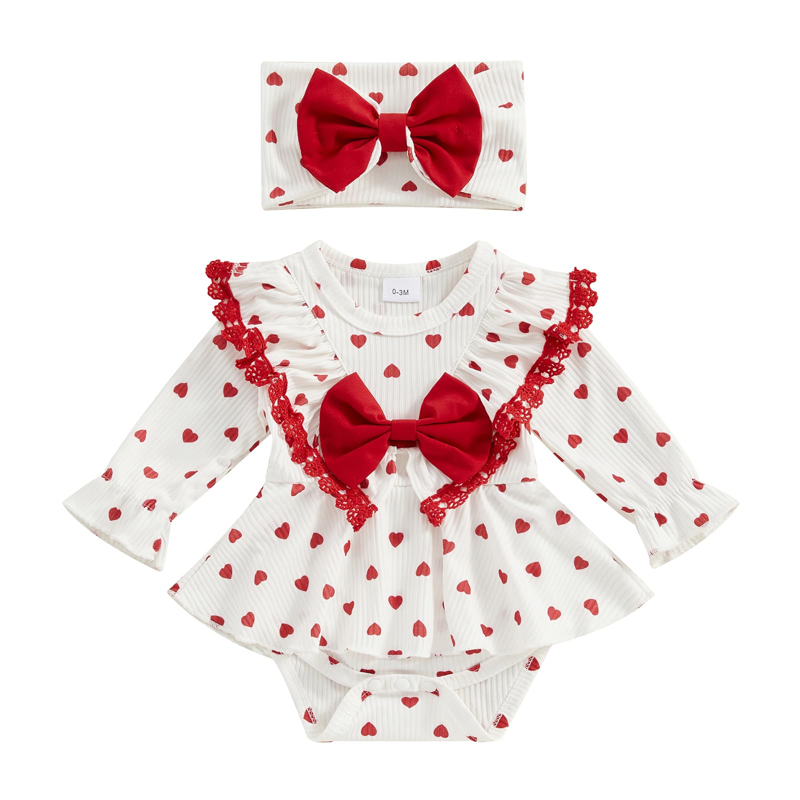 VISGOGO Baby Girl Valentines Day Outfits Long Sleeve Heart Print Bow Romper Headband Set Infant Clothes (Ivory, 0-3 Months)