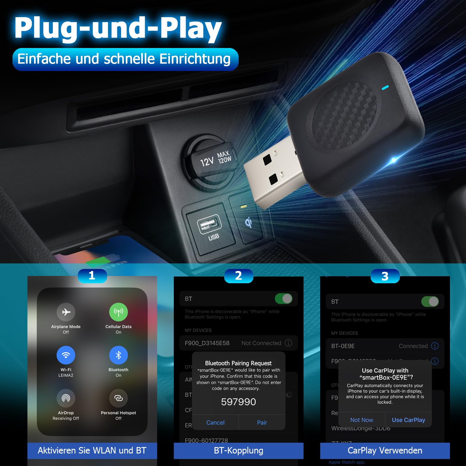 Bezprzewodowy adapter samochodowy CarPlay i Android – bezprzewodowy adapter USB do pojazdów z przewodowym CarPlay/Android Auto, Plug and Play, kompatybilny z systemami iOS od 10 i Android od 11