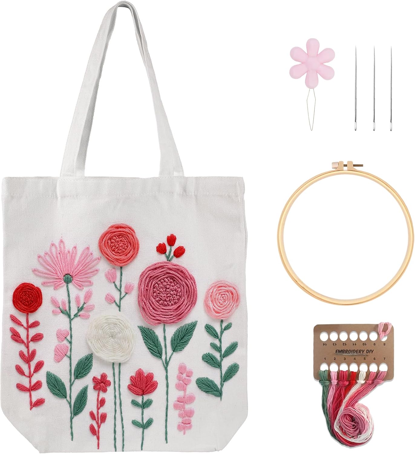 Nuberlic Floral Embroidery Kit Tote Bag for Beginners - Canvas Tote Bag Cross Stitch Kit, DIY Arts Crafts Needlepoint Set, Reusable Shopping Grocery Bag Gift with Flower Pattern