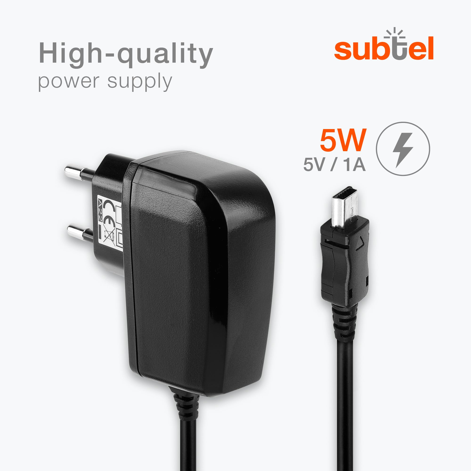 subtel® Kabel do ładowania 1,1 m 1 A / 1000 mA kompatybilny z Garmin Edge, DriveAssist, DriveSmart, Nüvi, Oregon, eTrex, GPSMAP 5 V mini USB ładowarka zasilacz Charger czarny