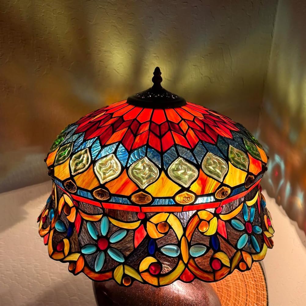 Large Tiffany Lamp Shade Replacement Only Straw Hat Style Stained Glass Lampshades, W18H10 Inch Peacock Glass Beads Light Cover for Table Lamps Pendant Lamps Floor Lights