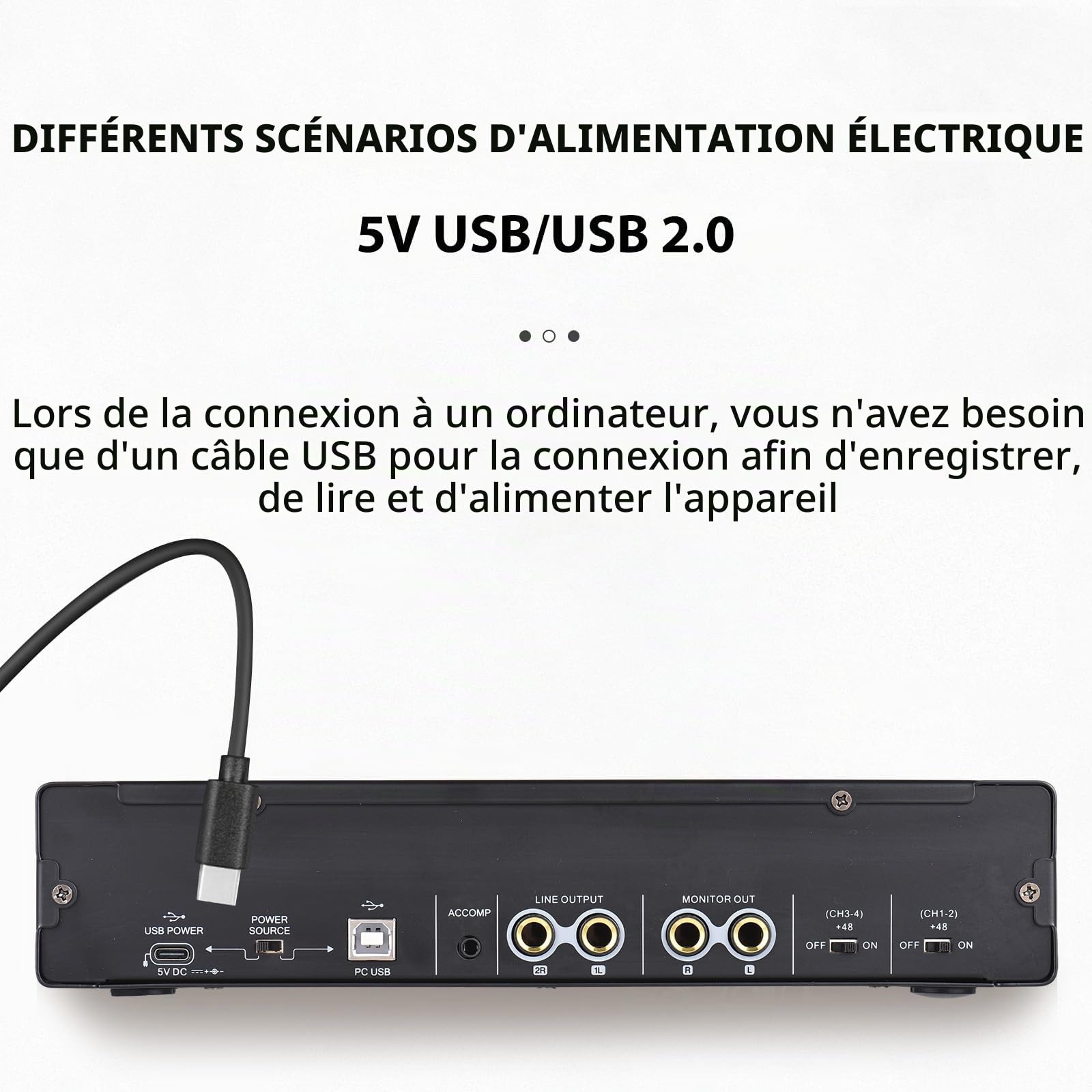Carte son d'enregistrement 4 canaux avec interface audio sans pilote, carte son USB 4 entrées 4 sorties, alimentation fantôme 24 bits/192 kHz 48 V pour l'enregistrement professionnel de karaoké