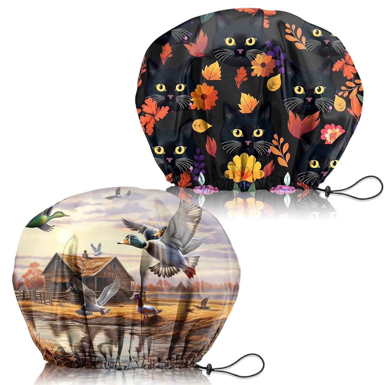 2 PCS Shower Cap Adjustable Reusable Double Waterproof Layer Elastic Hair Bath Cap Cute Aesthetic for Women Girls-Cat Duck