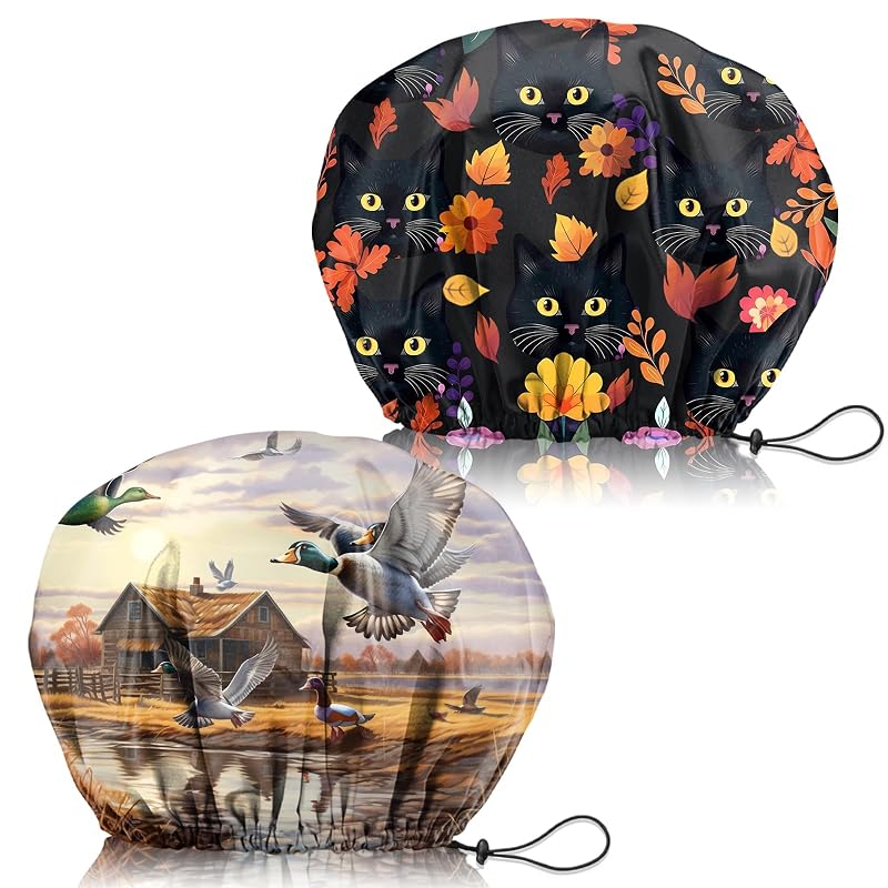 Touca de banho ajustável reutilizável com camada dupla impermeável Zewurtuw, estampas de gato e pato, pacote com 2