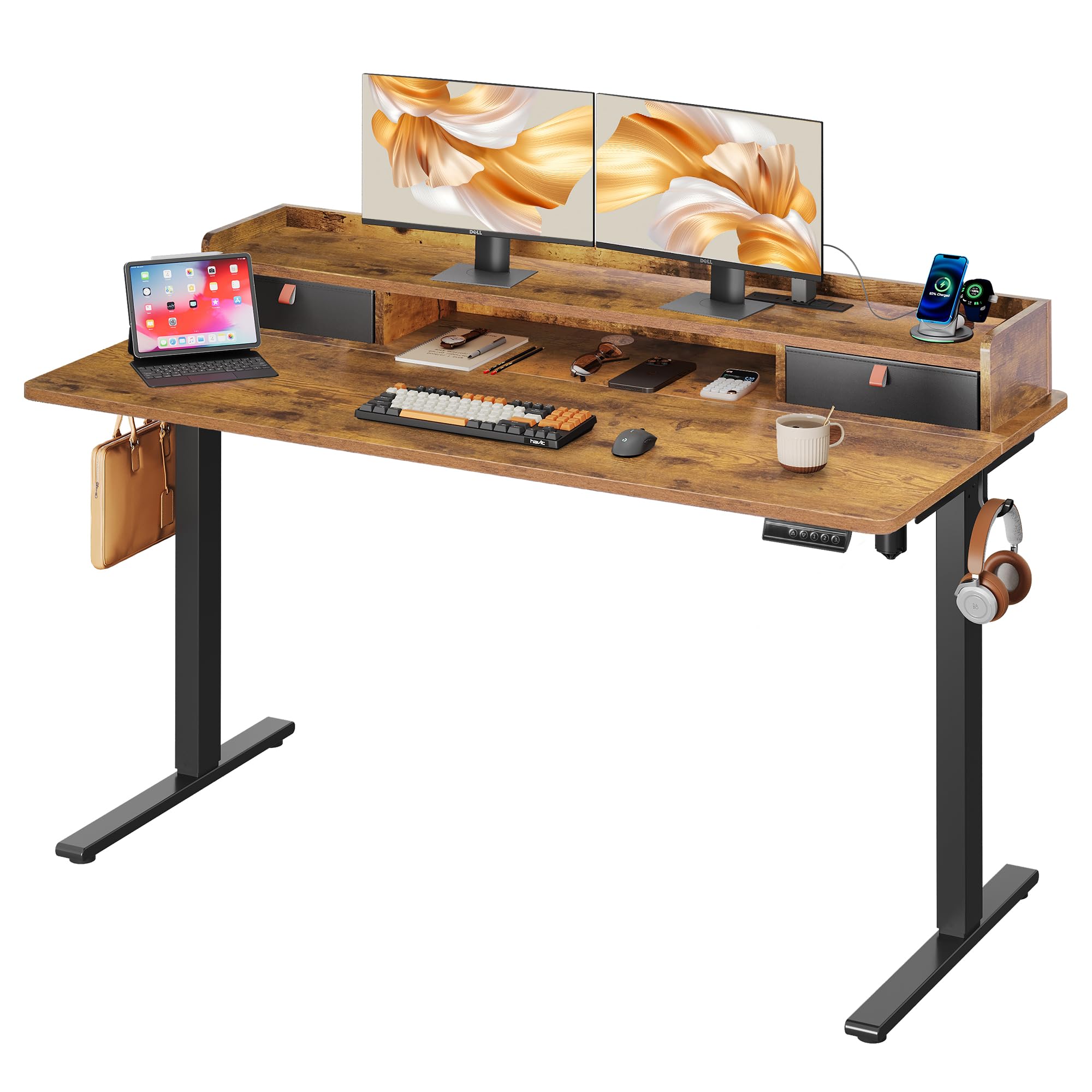 DEVAISE 55×28 Inch Electric Standing Desk with Drawers, Computer Desk with 3 Adjustable Height, Storage Shelf, Built-in USB Outlets and Memory Preset, Sit to Stand Desk for Home Office, Rustic Brown (Desk top only)