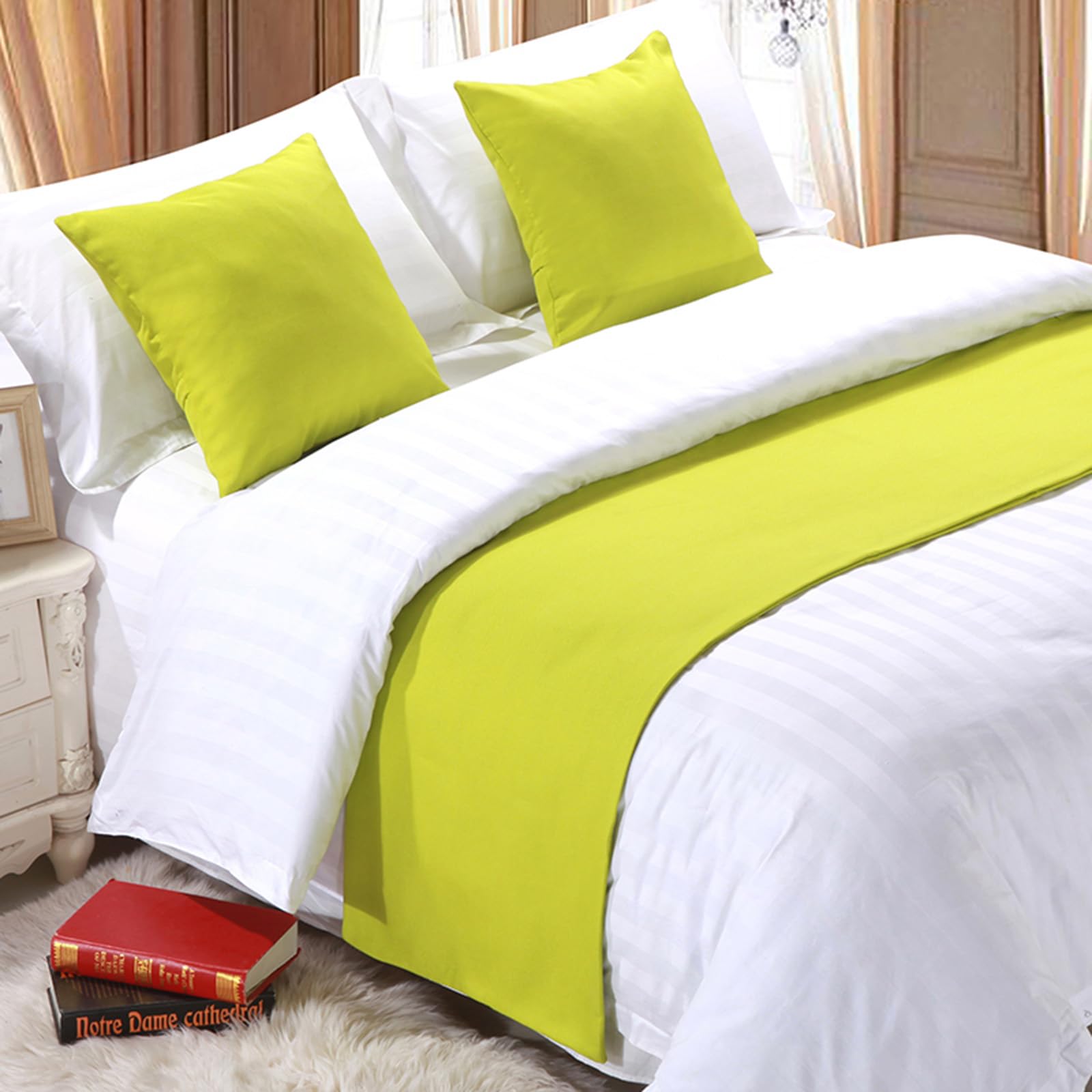 QRGMKL Premium Bed Runner for Foot of Bed, Solid Color Bed Scarf Cotton Linen Bedspread Home Decoration Hotel Bedroom Bedding Protector-Neon Green||2 Pillowcases(45X45cm)