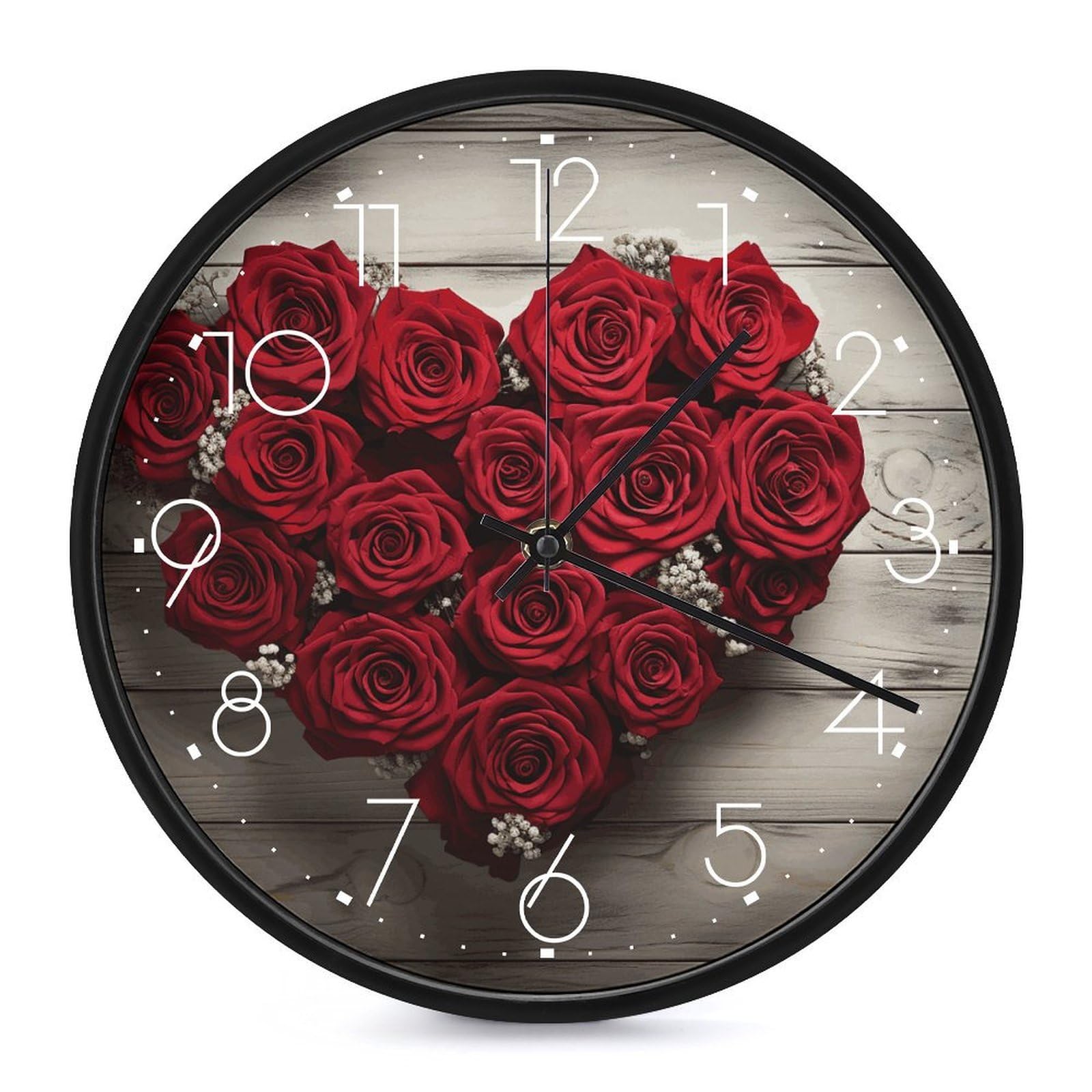 Orologio da parete con rose rosse a forma di cuore, silenzioso, senza ticchettio, orologio moderno a batteria, rotondo, analogico, classico, per camera da letto, cucina, ufficio