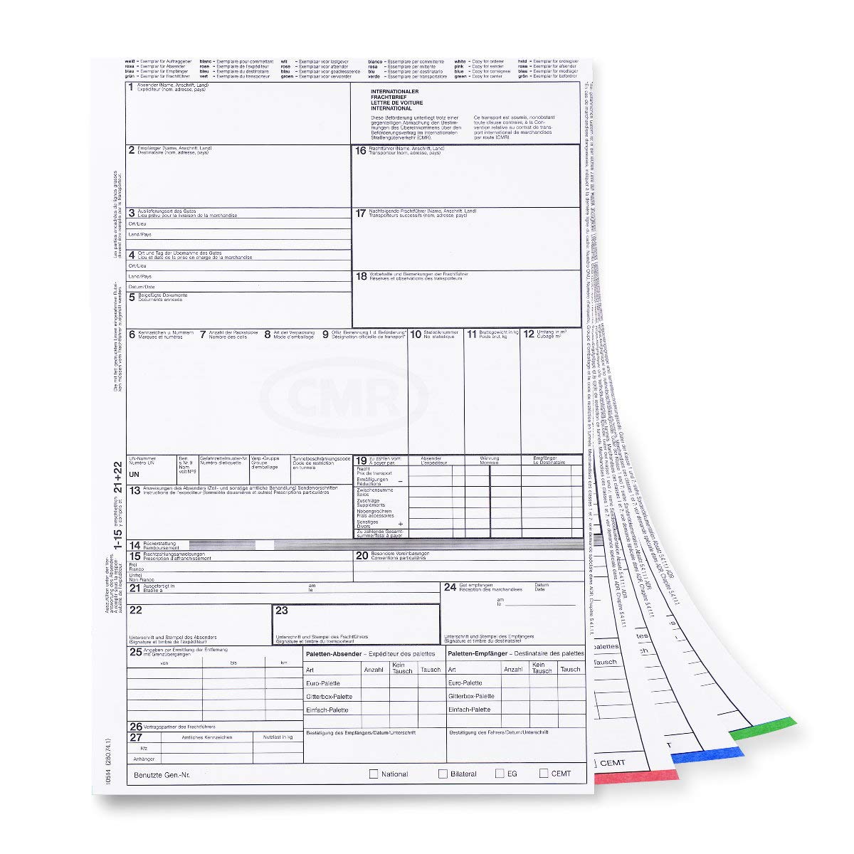 MASHPAPER CMR Frachtbrief - 4-fach Ausführung für Laserdrucker, 100 Stück | Offizielle Version mit Palettentauschfeld, 21 x 29,7 cm, Blatt 1-4 lose, perfekte CMR-Frachtbrief-Vorlage für Laserdrucker