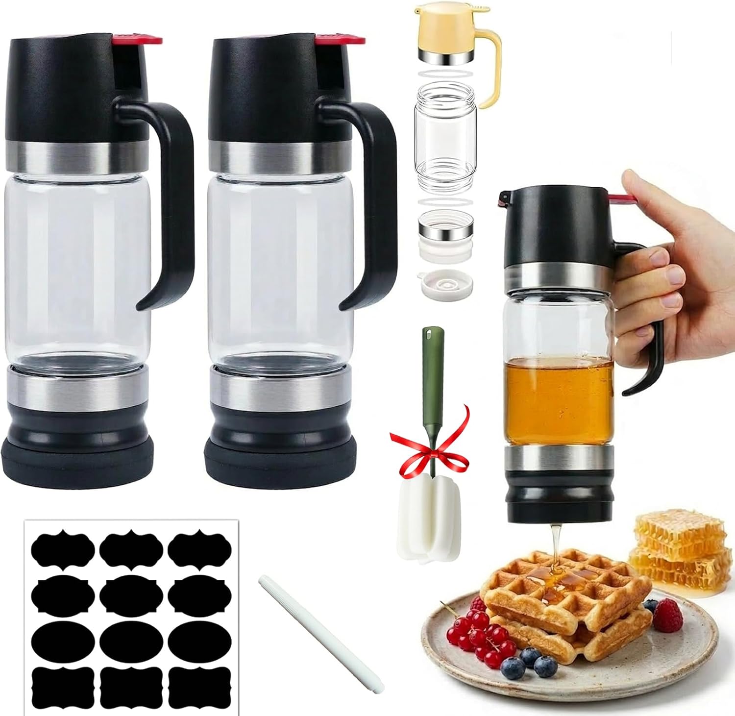 2026 Upgraded No-Drip Honey Dispenser Set, 12 OZ Glass Maple Syrup Jar with Base, Handle, Labels & Sponge Brush, Mess-Free Pourer for Pancakes, Coffee & Tea