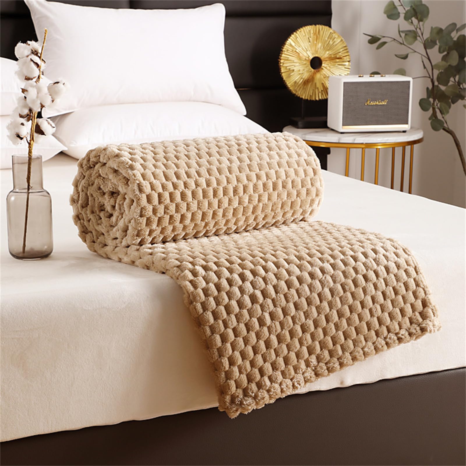 Highdi Winter Blankets and Throws for Sofa Beds, Soft Warm Sofa Throw Fluffy Cozy Bed Throws Fleece Throw Blanket for Kids Adults Bedroom Couch Travel-Plaid (70X100cm,Khaki)