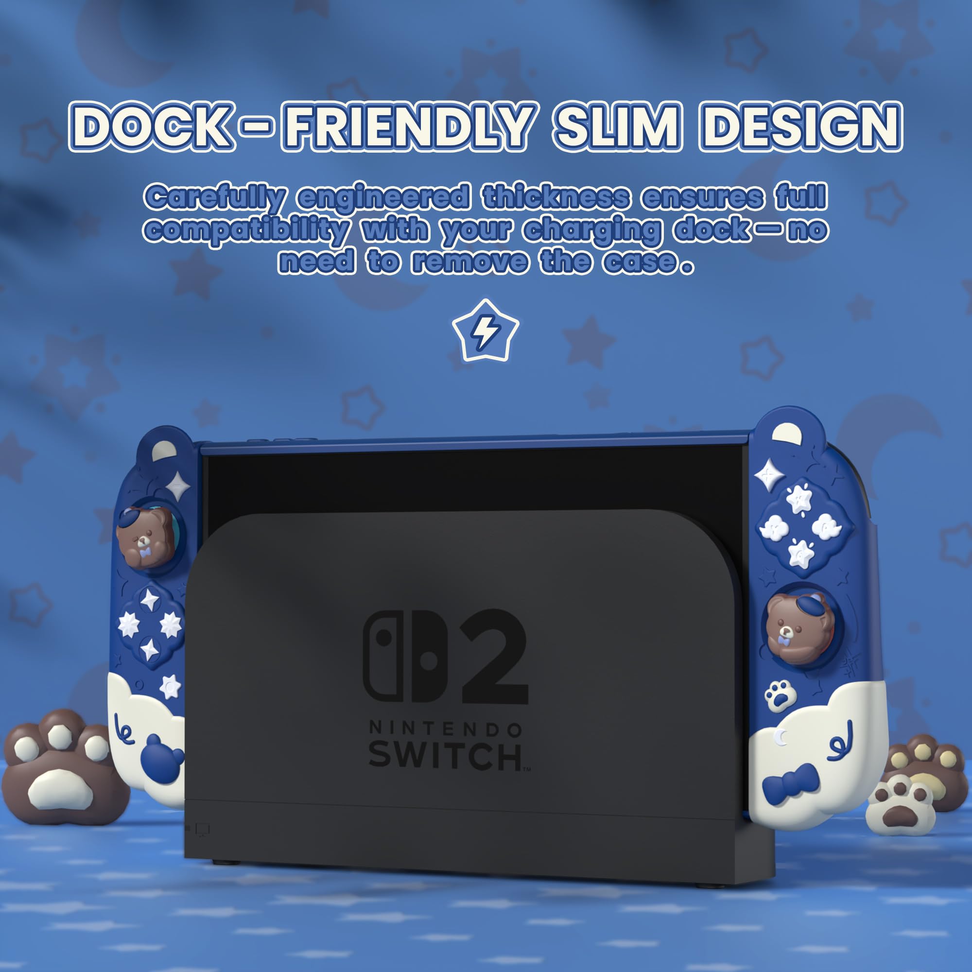 PlayVital Schutzhülle für Nintendo Switch 2, abnehmbare Hülle dockable niedliche Silikon-Griphülle für Switch 2 mit stoßfester Rückabdeckung, Joystick Kappen, Ständer(Good Night Bear-Mitternachtsblau)