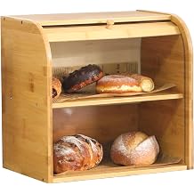 Natural Wooden Roll Top Bread Box Kitchen Bamboo Storage Bin 2-Layer Self assembly