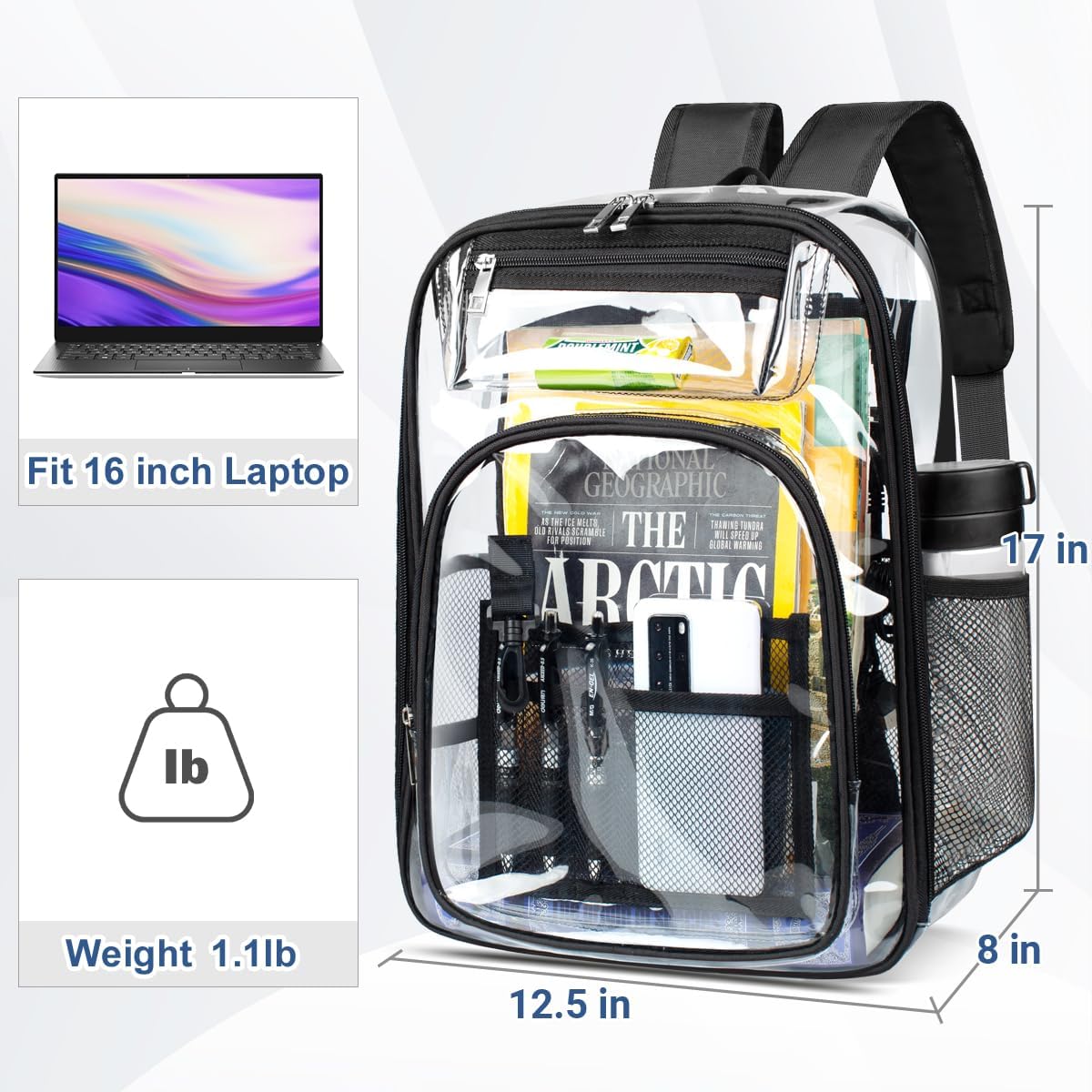 Clear Backpack Transparent Backpacks with USB Charging Port for 15.6'' Laptop Large Heavy Duty PVC School Bookbag Stadium Approved See Through Backpack for Women Men Kids Travel Work Security College