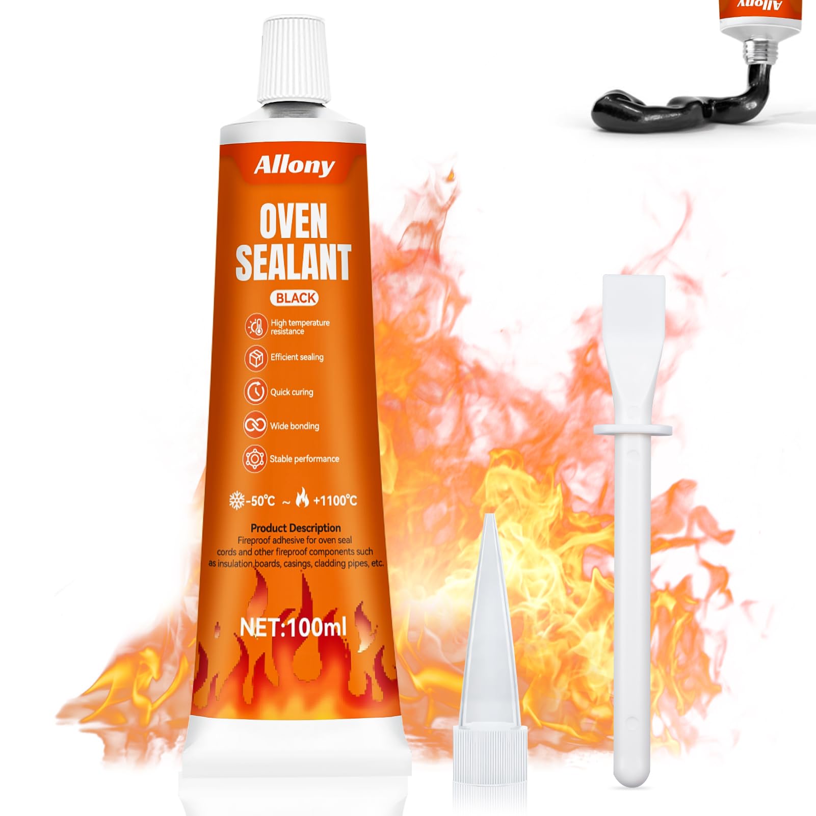ALLONY Silicone Alta Temperatura, Colla Alte Temperature, Nero Adesivo Resistente al Calore, Calore Fino 1100 Gradi, Adatto per Sigillatura ad Alta Temperatura Vari Tipi di Guarnizione Forn - 1