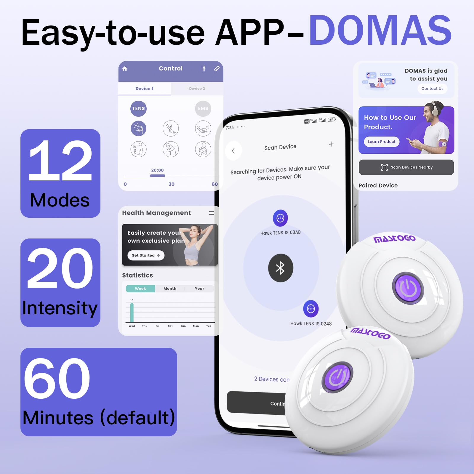 MASTOGO APP Wireless TENS Unit Muscle Stimulator 12 Modes for Pain Relief — Amazon image 2