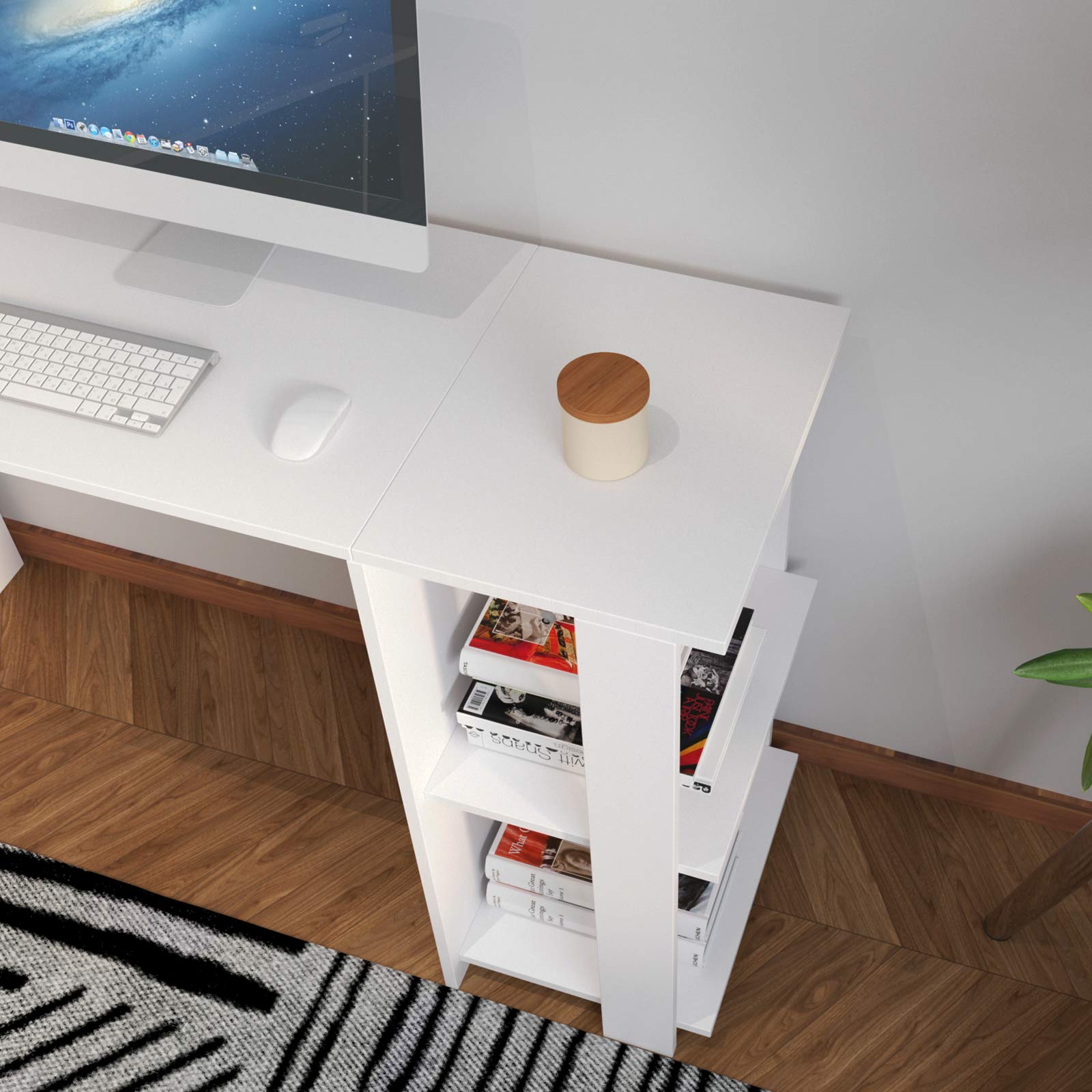 sogesfurniture Mesa de Ordenador Escritorio de Esquina en Forma de L, 136 x 130cm PC Escritorio de Oficina, Mesa de Estudio, Estación de Trabajo con 2 Estantes, Blanco BHEU-XTD-SC01-WW