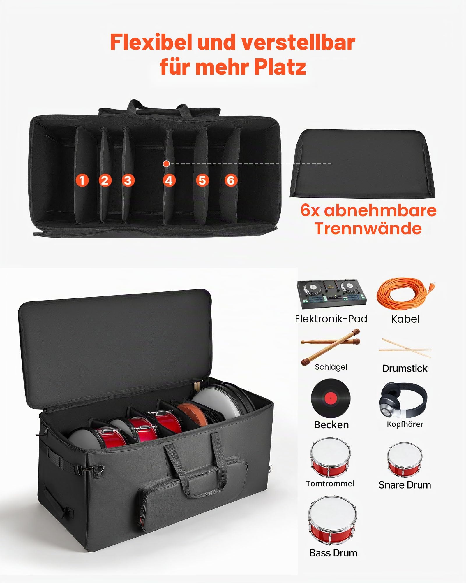 VEVOR Schlagzeugtasche, Drummer Hardware Bag, 1010x510x440 mm, mit 6 herausnehmbaren Trennwänden, Rollen & 3 Außentaschen, wasserabweisend & gepolstert, sicherer Transport von Equipment & Instrumente