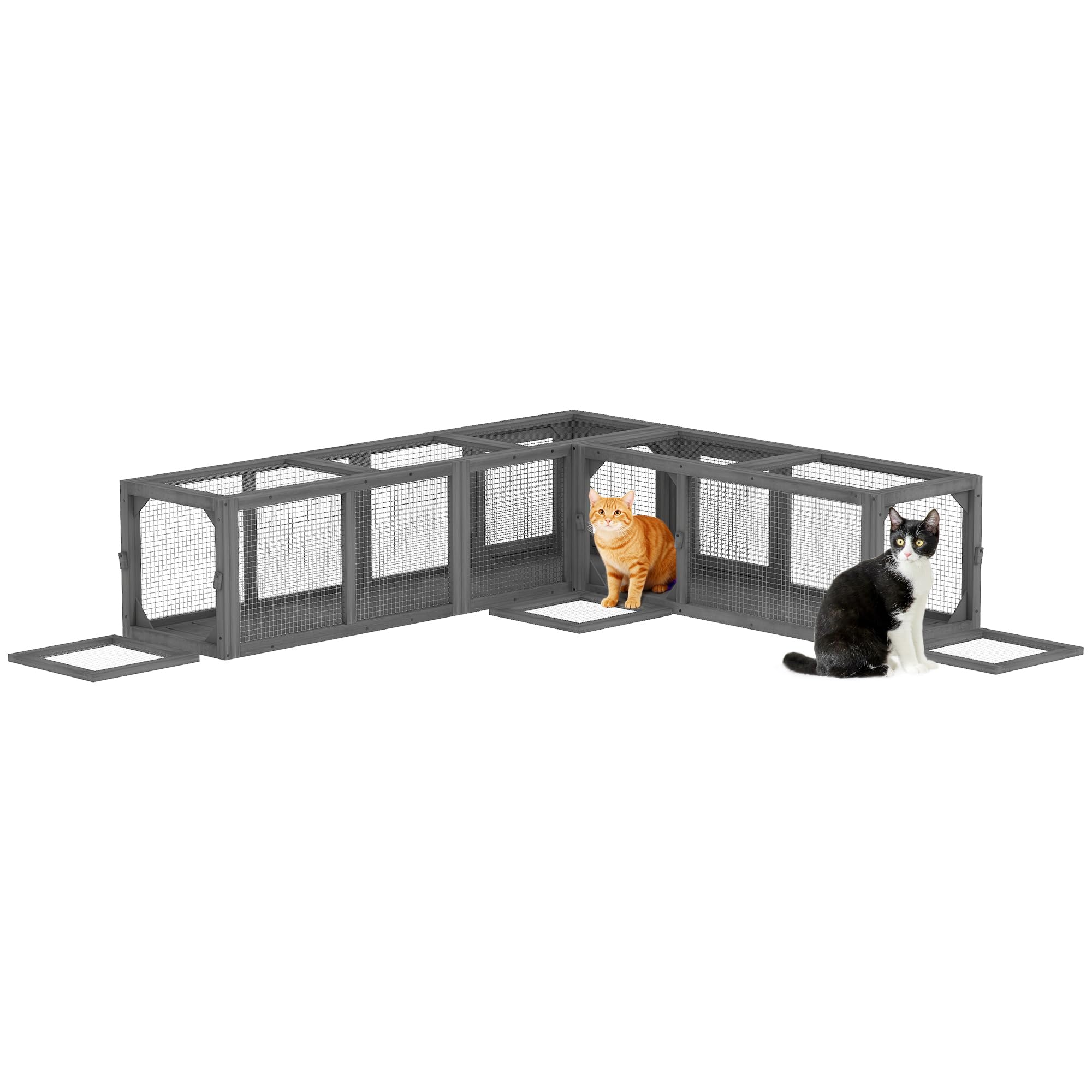 PawHut Túnel de madera para gatos, 250 cm, extra largo, con 8 puertas, forma de L/rectangular, para gato, conejo, cachorro, gris oscuro
