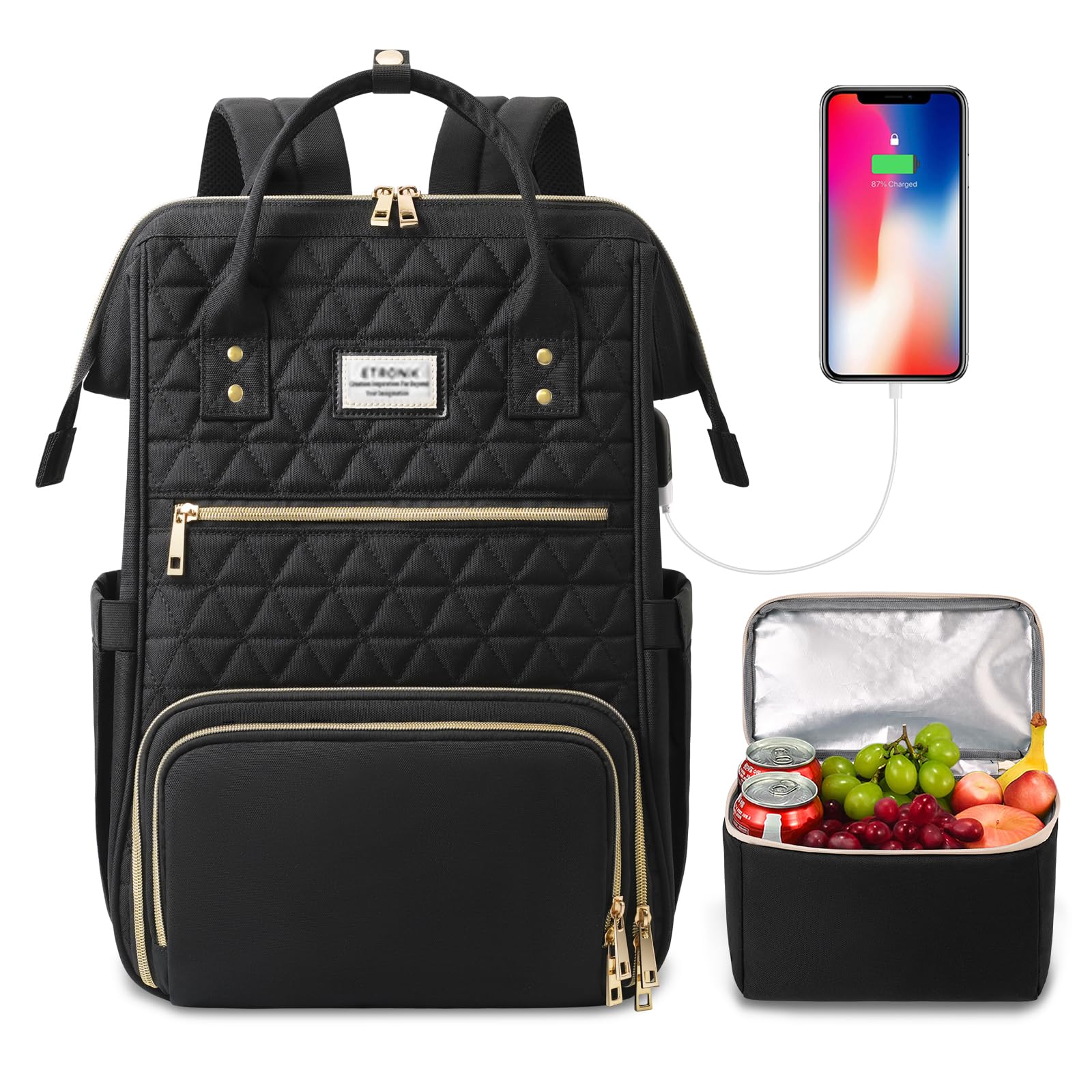 ETRONIK Lunch Backpack for Women, 15.6in Laptop Backpack with USB Port, Teacher Nurse Work Backpack with Cooler Bag Insulated College School Laptop Bookbag Gifts for Women Men Girls, Black
