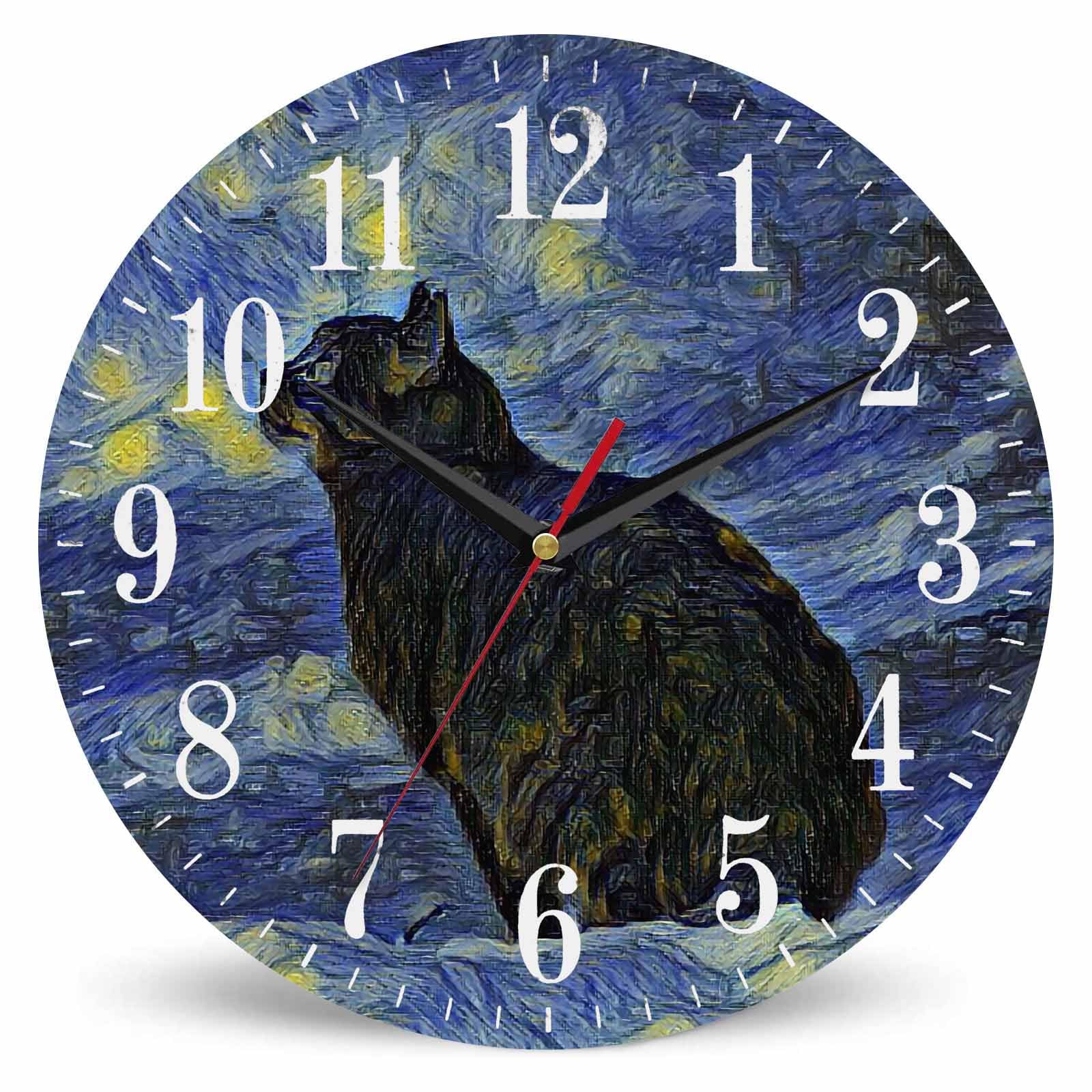 Mxocom Van Gogh Wall Clock Oil Painting Galaxy Cat 10 Inch Silent Non Ticking Battery Operated Clock Vintage Round Clock for Living Room Bedroom