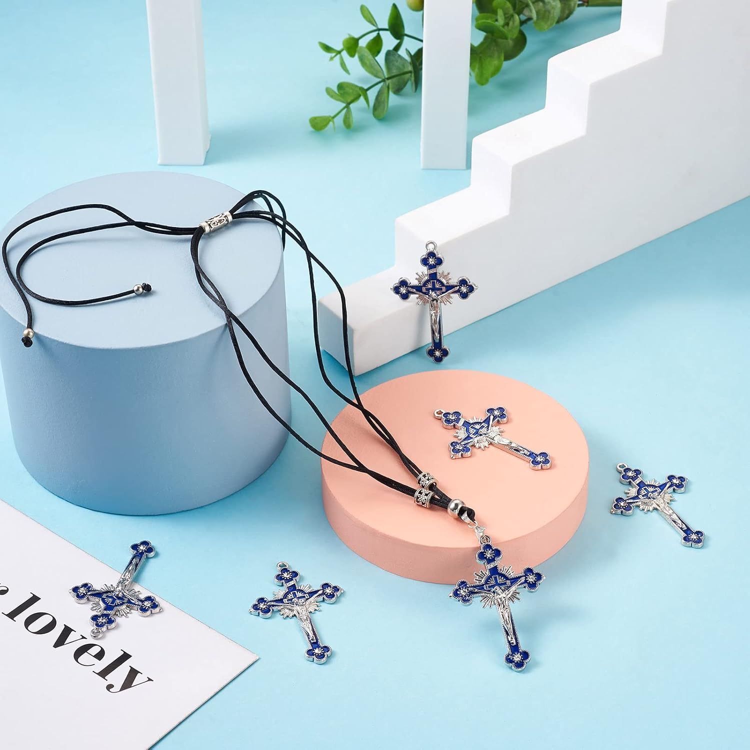 FASHEWELRY 10Ps Alloy Cross Enamel Charms Crucifix Cross Pendant Blue Enamel Jesus Pendants for Rosary Necklace Jewelry Making Accessory