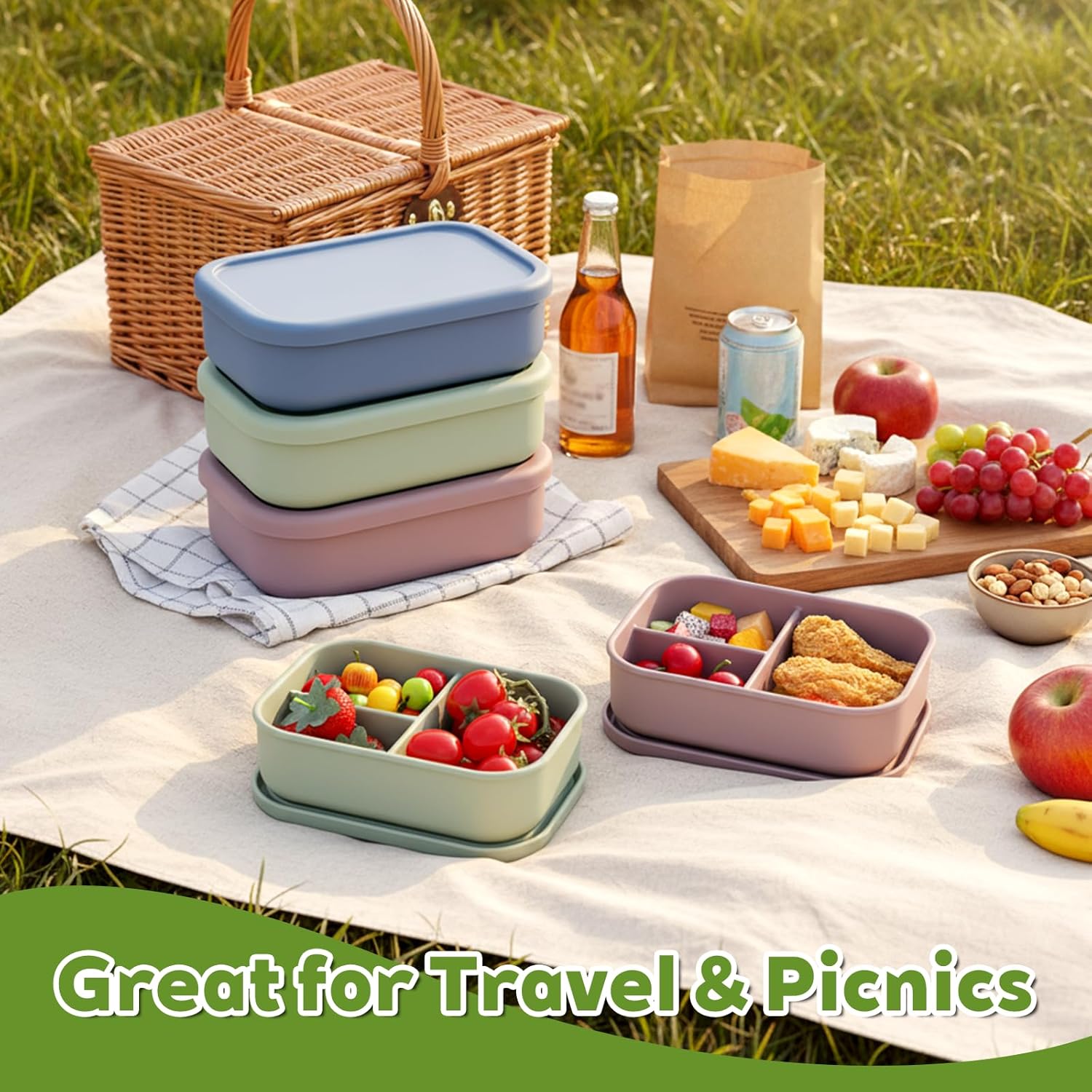 SHENLIU 6 Pcs Silicone Bento Box Reusable Silicone Bento Lunch Container for Adults 3 Compartments Lunch Box with Lids Leak-Proof & BPA-Free Microwave Dishwasher Freezer Safe (3 Colors)